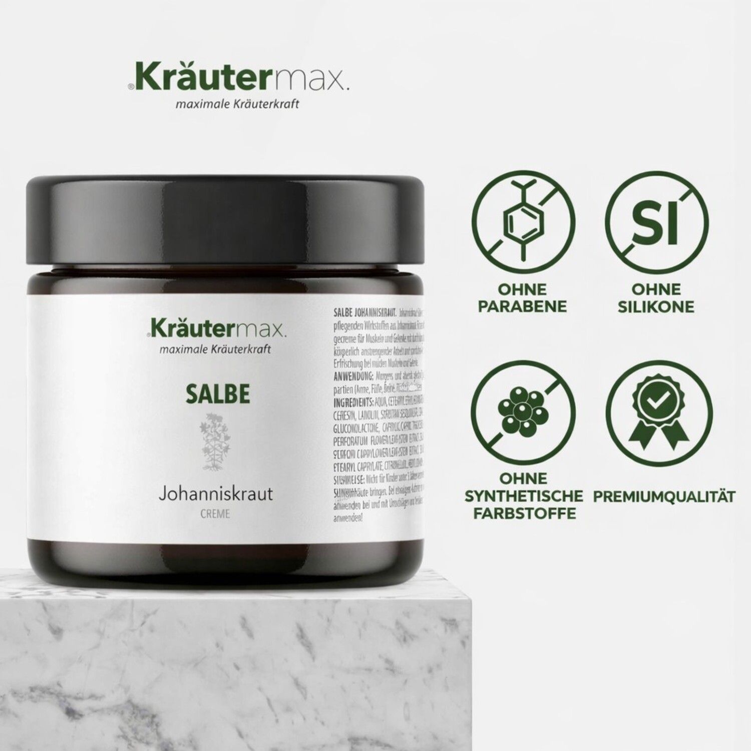 Braune Glasdose mit schwarzem Deckel. Etikett mit Produktinformationen. Ohne Parabene, Silikone, synthetische Farbstoffe. Premiumqualität.