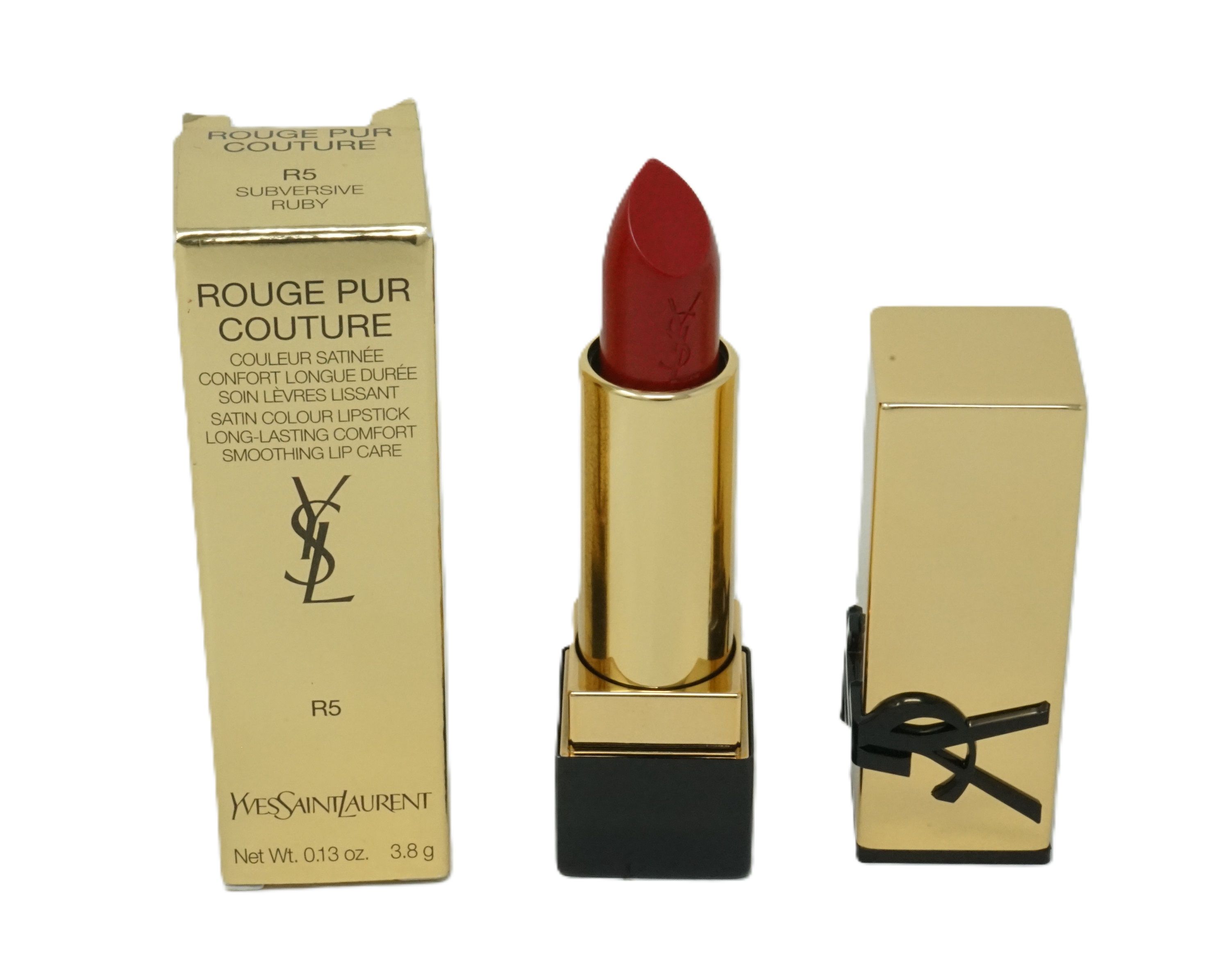 Goldfarbener Lippenstift mit roter Mine und goldener Verpackung. Schwarze Basis. YSL-Logo auf Verpackung und Lippenstift.