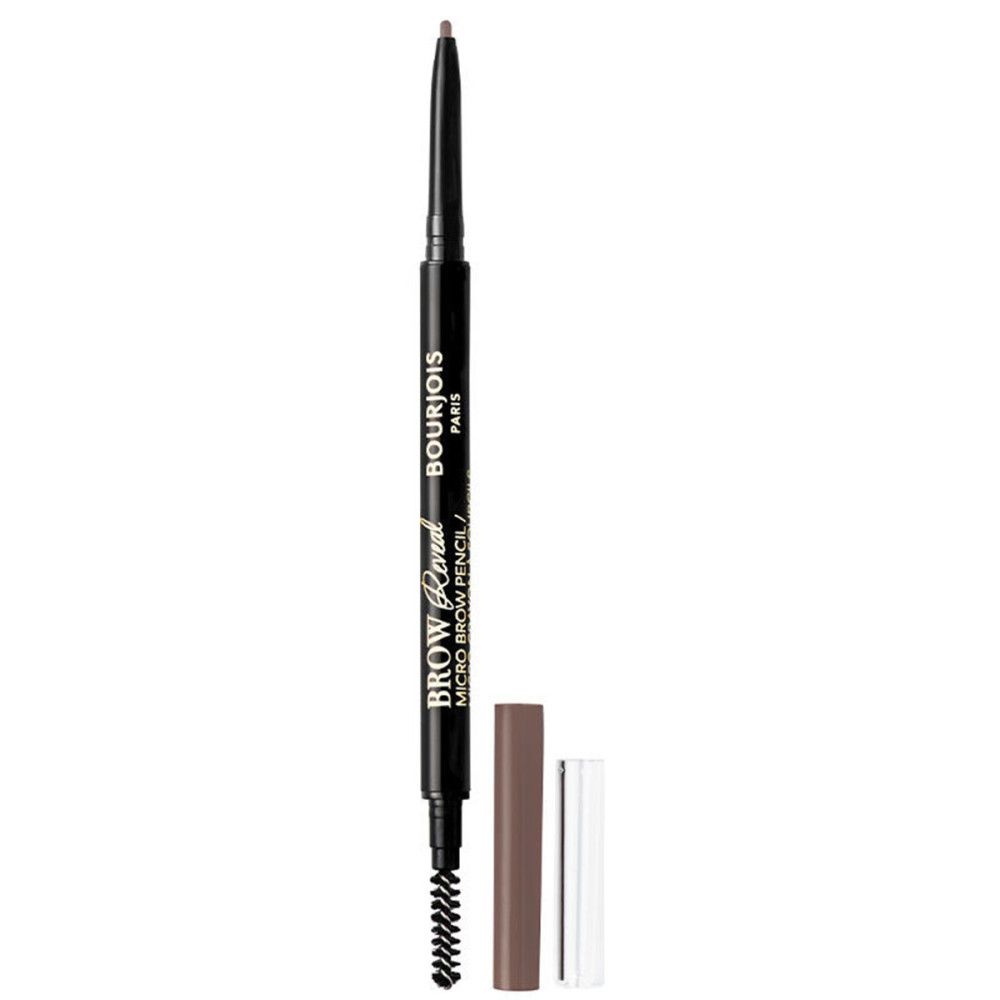 Brauenstift mit Bürste und Kappen. Schwarzer Stift, braune Mine, Bürste. Marke: Bourjois Paris. Text: Brow Reveal Micro Brow Pencil.
