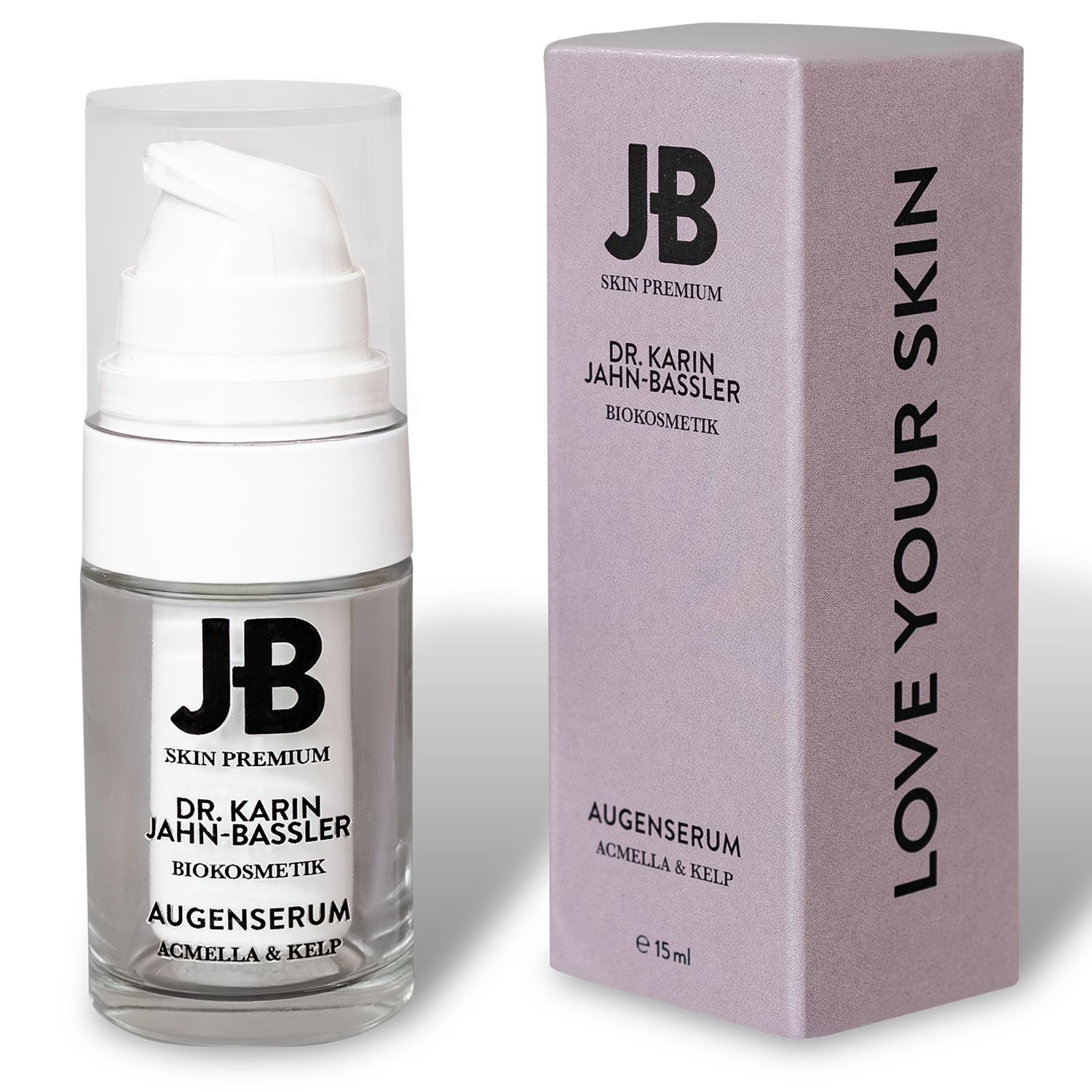 Glasflakon mit Pumpkopf und Verpackung. Aufschrift: JB SKIN PREMIUM, DR. KARIN JAHN-BASSLER, BIOKOSMETIK, AUGENSERUM, ACMELLA & KELP. Verpackung: LOVE YOUR SKIN.
