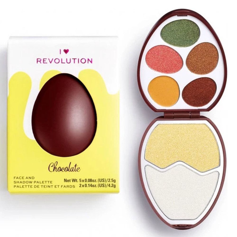 Geöffnete Gesichts- und Lidschattenpalette in Eiform. Enthält Lidschatten in verschiedenen Farben und ein helles Puder. Verpackung daneben.