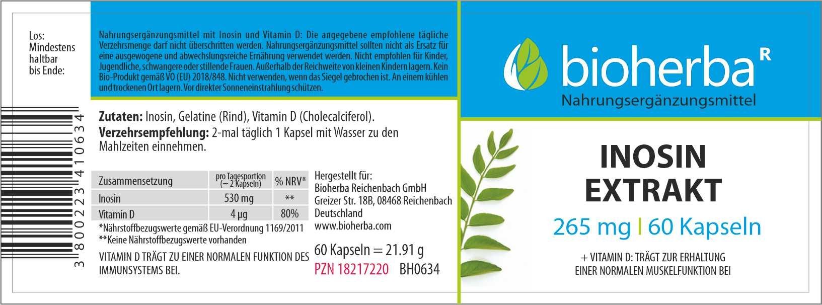 Etikett mit Produktinformationen: Inosin Extrakt, 265 mg, 60 Kapseln. Enthält Inosin, Vitamin D. Hersteller: Bioherba.