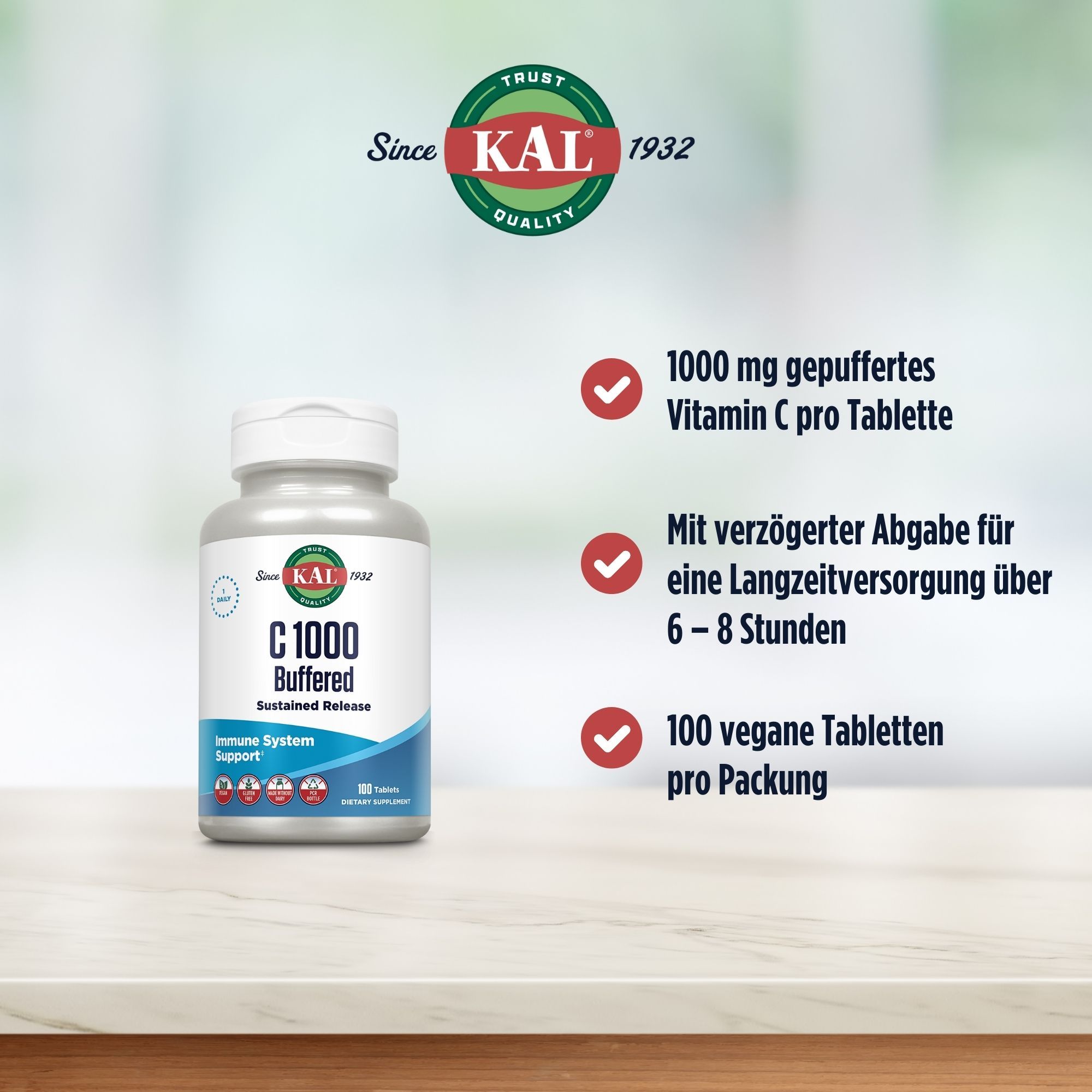 Eine Flasche KAL Vitamin C 1000 gepuffert. Text: 1000 mg Vitamin C pro Tablette, verzögerte Freisetzung, 100 vegane Tabletten.