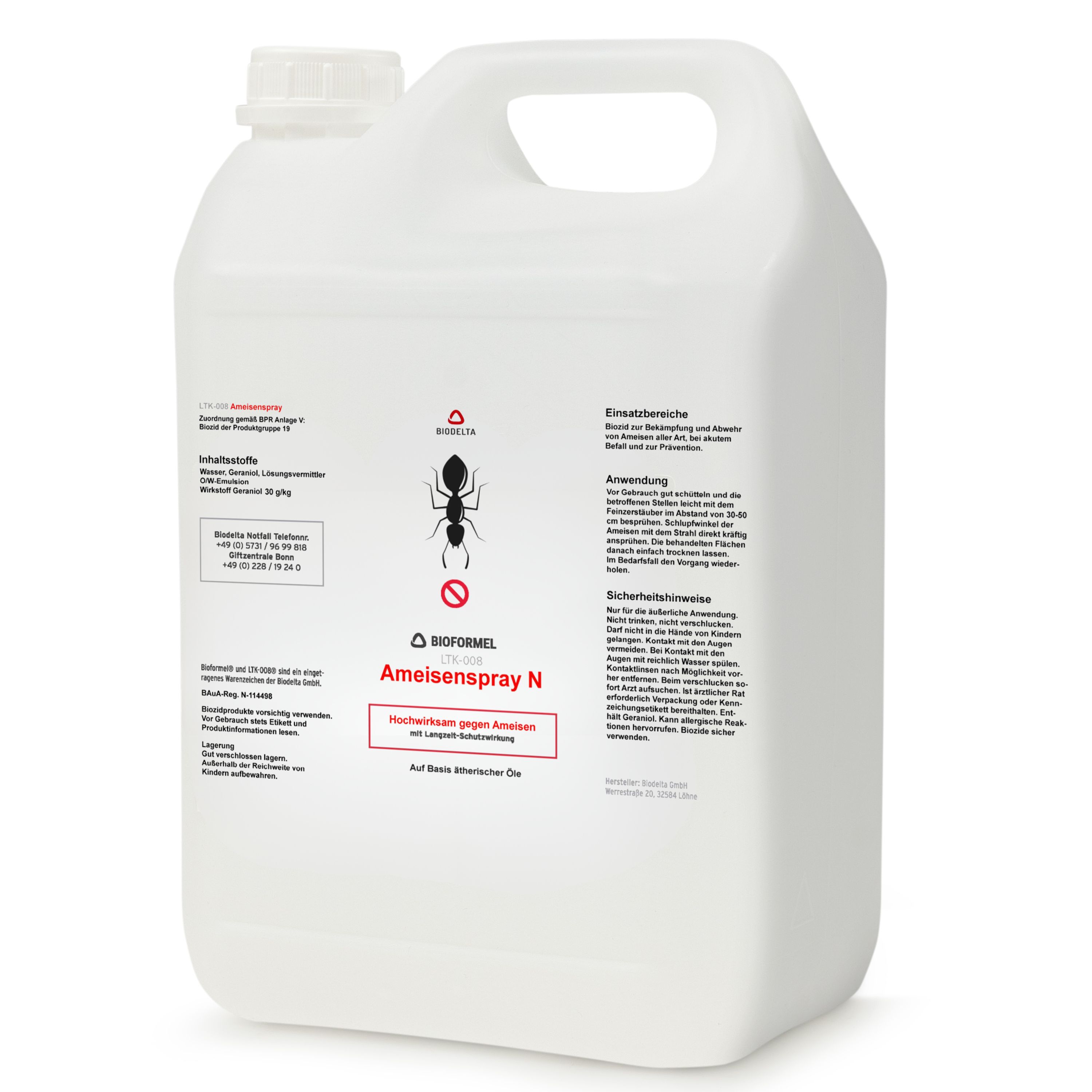 Weißer Kanister mit Griff. Text: Ameisenspray N. Aufschrift: Hochwirksam gegen Ameisen.