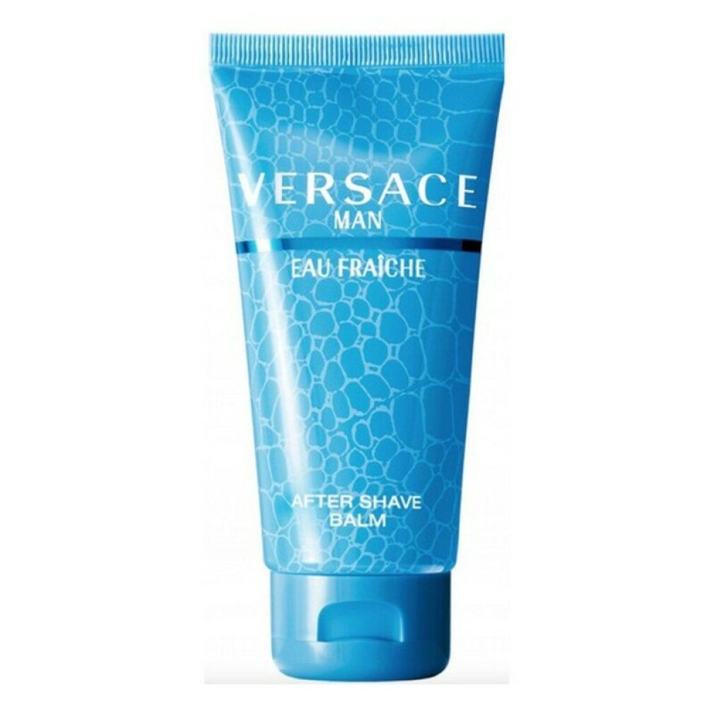 Hellblaue Tube mit weißem Schriftzug VERSACE MAN, EAU FRAICHE und AFTER SHAVE BALM. Hellblauer Deckel.