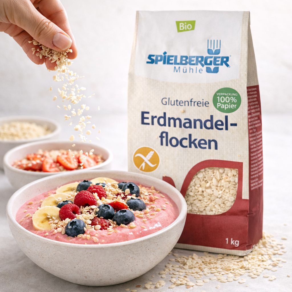 Bio Erdmandel-Flocken von Spielberger Mühle, glutenfrei, in 1kg Papierverpackung. Serviert in einer Schüssel mit Früchten.