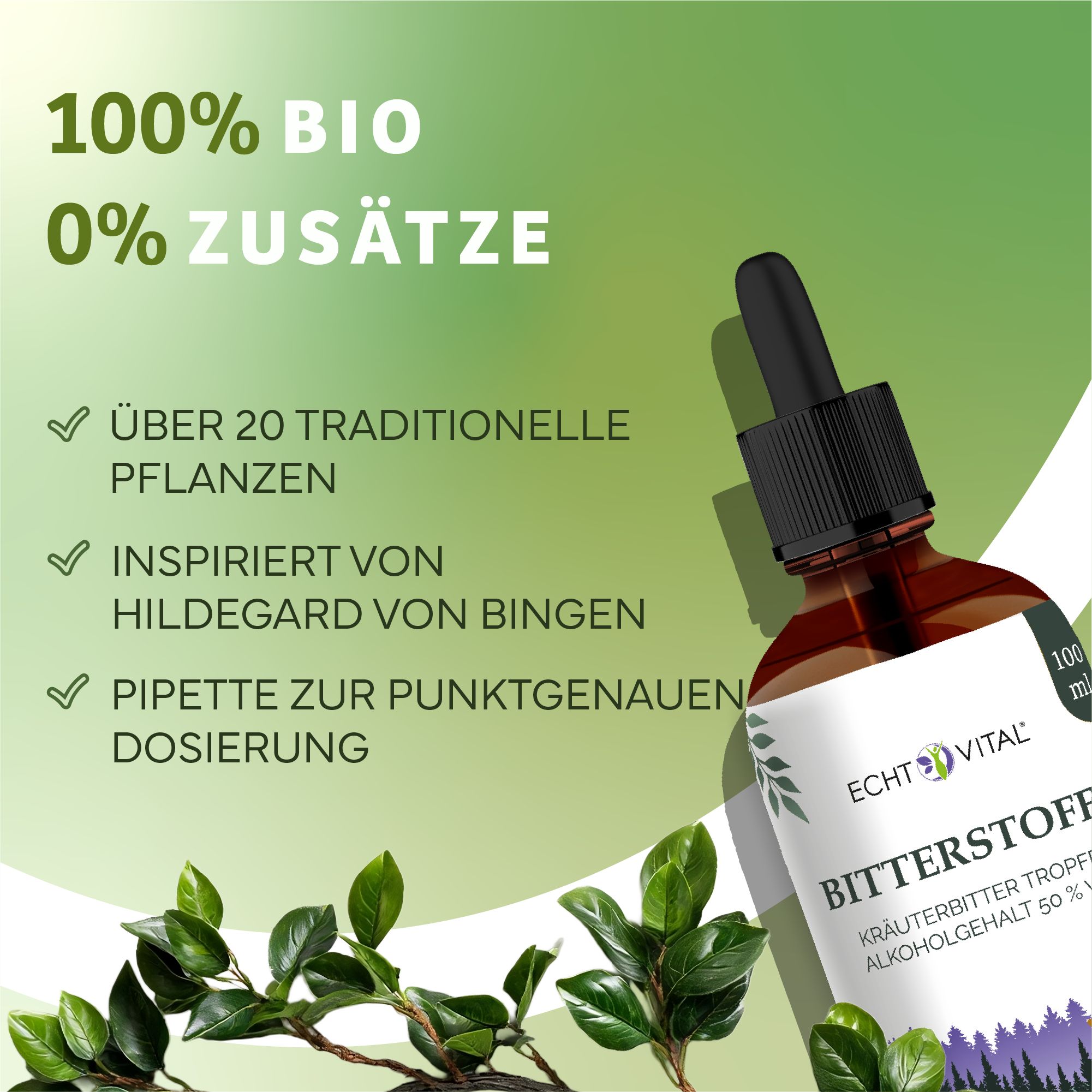 Braune Glasflasche mit Pipette. Aufschrift: Echt Vital Bitterstoffe. Text: 100% Bio, über 20 Pflanzen, inspiriert von Hildegard von Bingen.