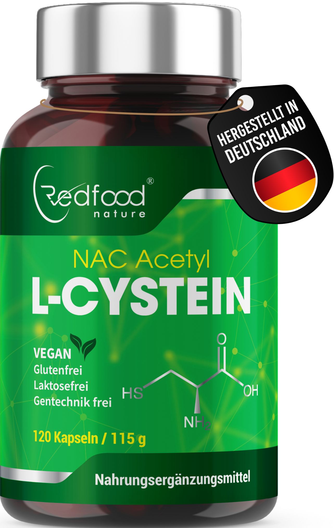 Braune Flasche mit grüner Etikettierung. Aufschrift: NAC Acetyl L-Cystein. Vegan, glutenfrei, laktosefrei, gentechnikfrei. Hergestellt in Deutschland.