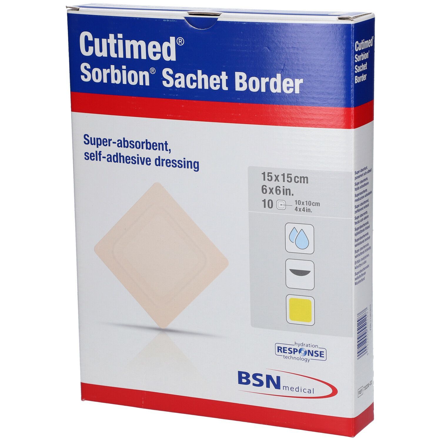 Cutimed Sorbion Sachet Border Verpackung. Box mit Produktabbildung und Informationen. BSN medical Logo. Größe: 15x15cm.