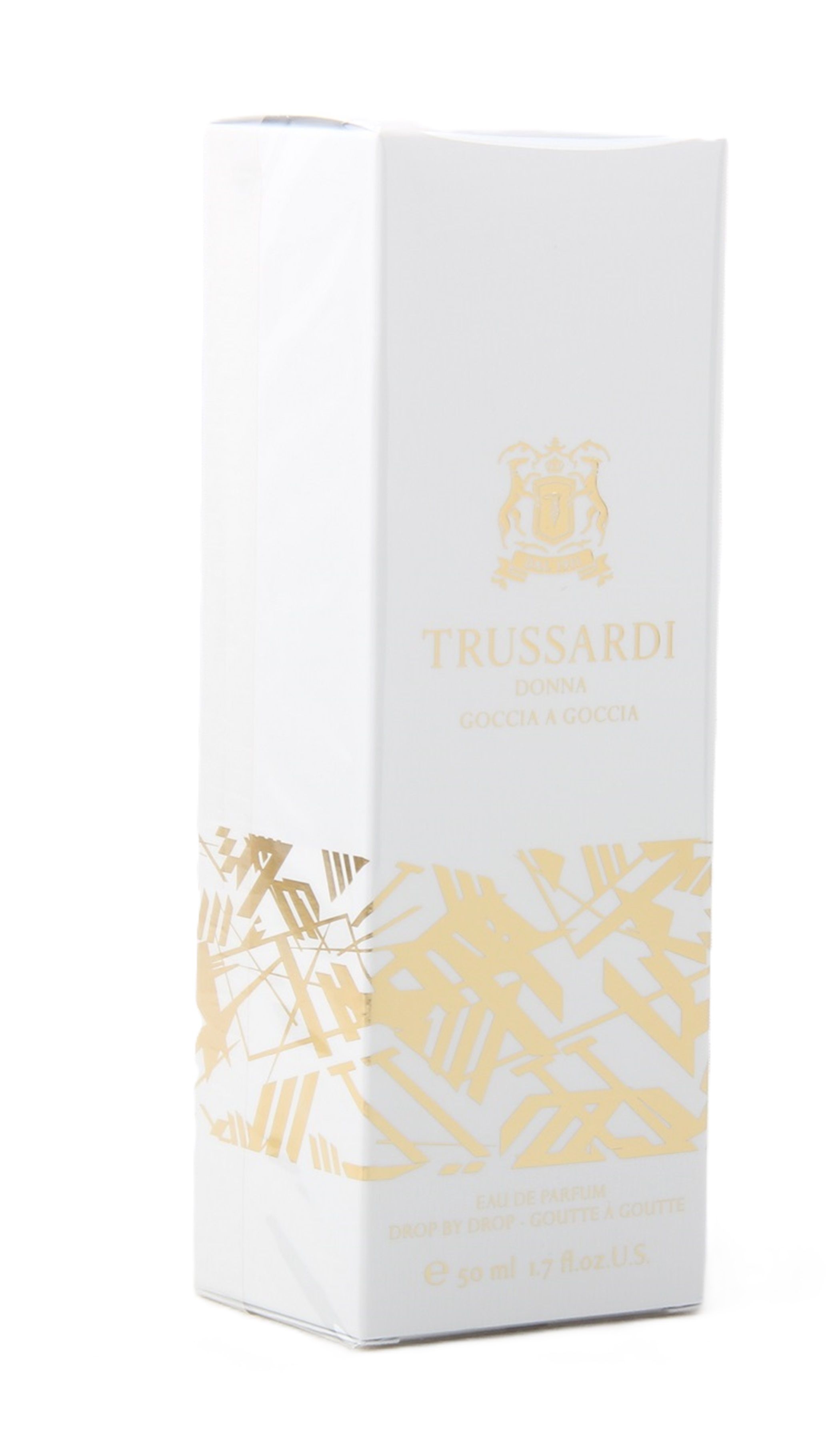 Weiße Verpackung mit goldenem Logo und Schriftzug. Marke: Trussardi Donna Goccia a Goccia. Aufdruck: Eau de Parfum Spray.