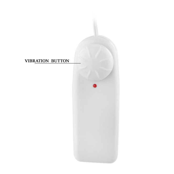 Weißes Steuergerät mit Drehknopf für Vibration und roter LED-Anzeige.