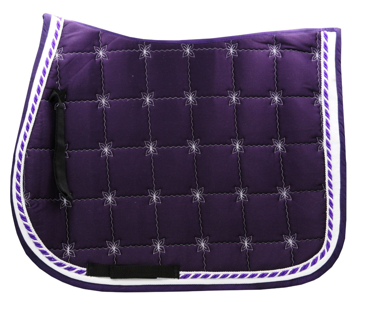Violette Schabracke mit Doppelkordel und Blumenstickerei. Quadratische Steppung, weiße Kordel, weiße Einfassung.