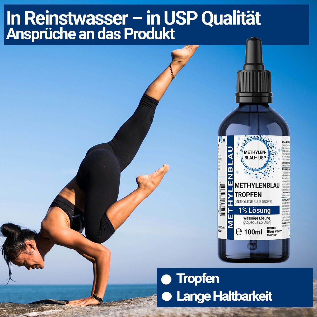 Frau macht Yoga. Blaue Flasche mit Tropfer. Text: In Reinwasser - in USP Qualität. Tropfen, Lange Haltbarkeit.