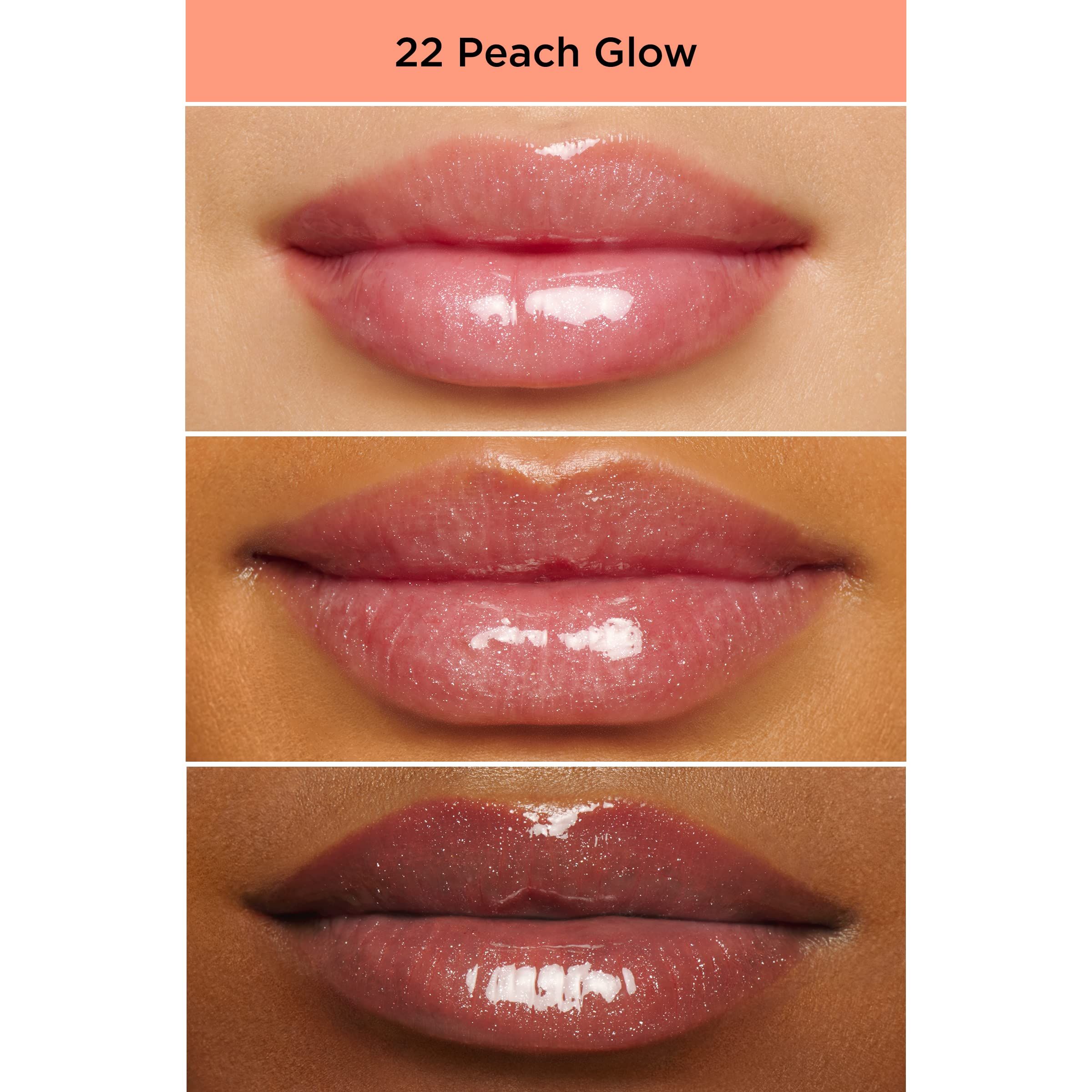 Drei Lippen-Beispiele mit Clarins Lip Perfector in der Farbe 22 Peach Glow. Glänzendes Finish.
