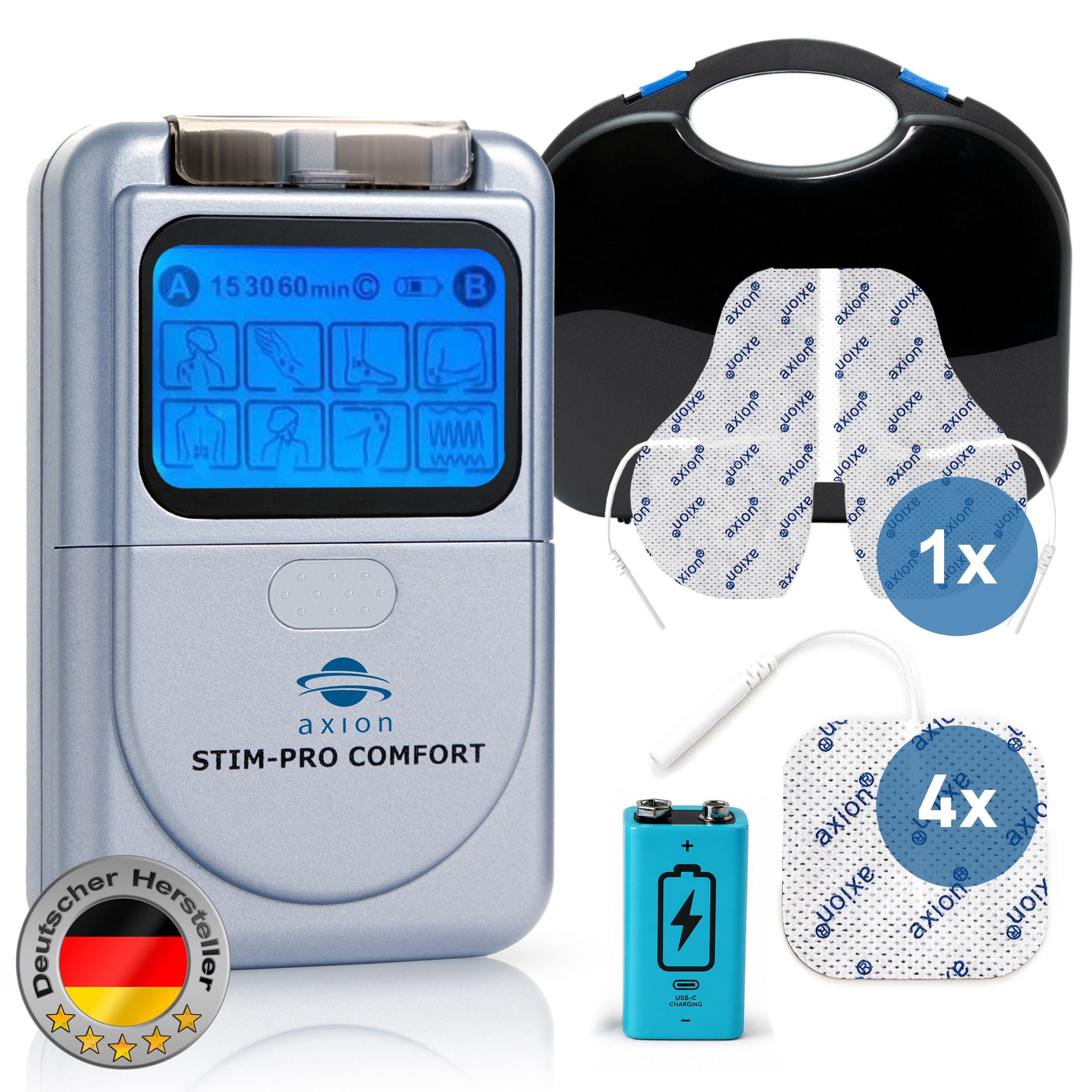 axion STIM-PRO COMFORT, Zubehör: Elektroden, Batterie, Tasche. Deutscher Hersteller. Medizinprodukt.