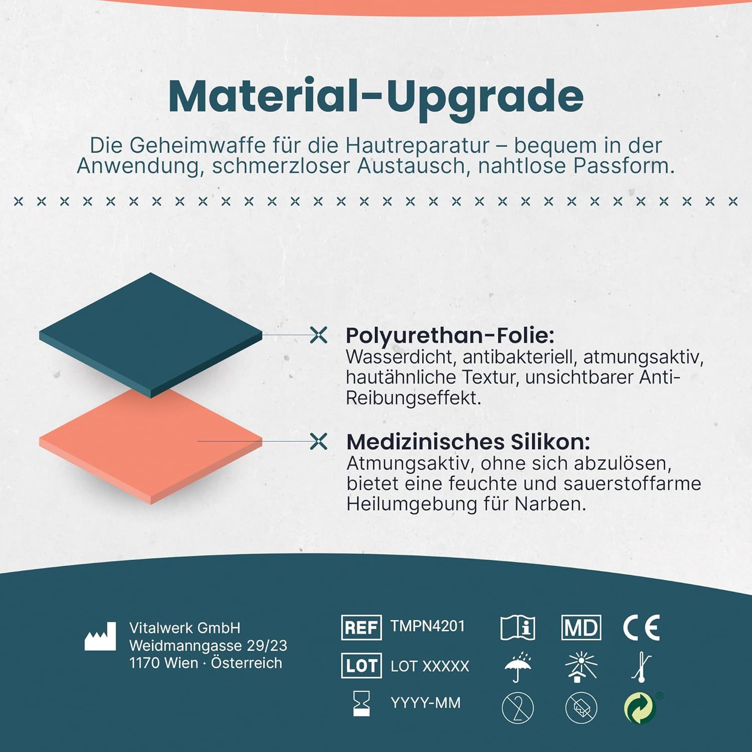 Zwei farbige Schichten, blau und orange, mit Text. Medizinischer Silikon und Polyurethan-Folie. Zertifizierungen und Produktinformationen.