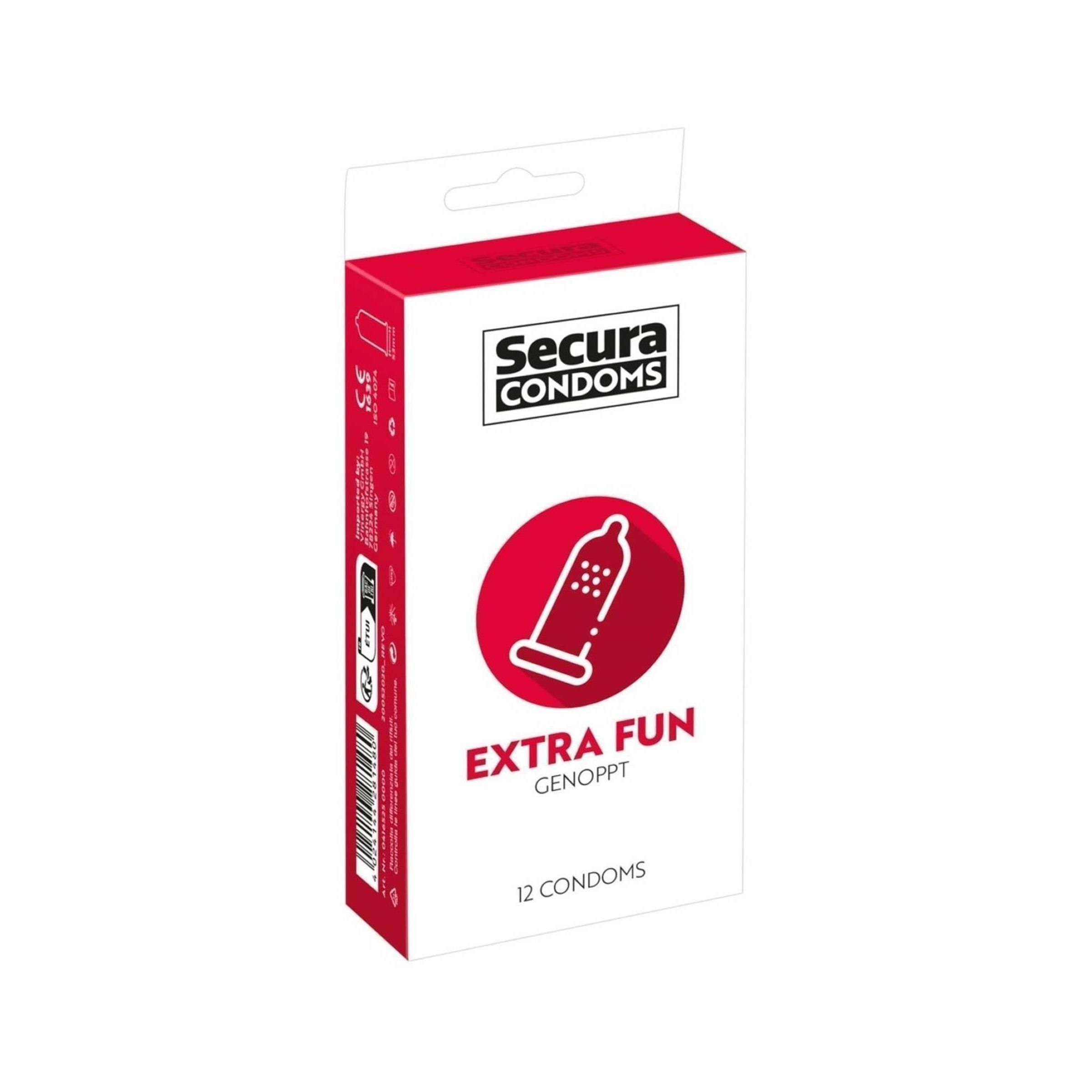 Verpackung von Secura Condoms Extra Fun. Rote und weiße Schachtel mit Produktlogo und 12 Kondomen.
