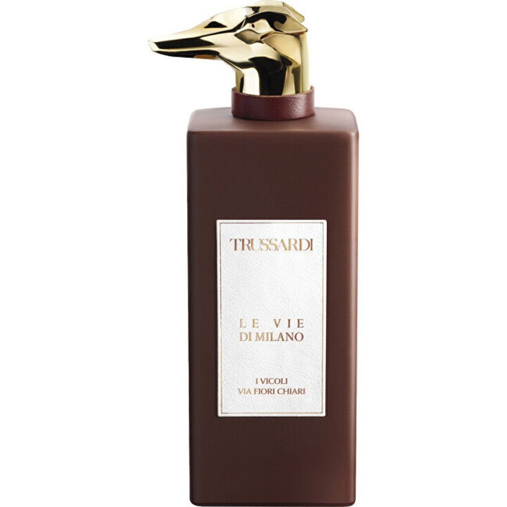 Trussardi Le Vie Di Milano Eau de Parfum Flakon. Braune Flasche mit goldenem Sprühkopf und weißem Etikett.