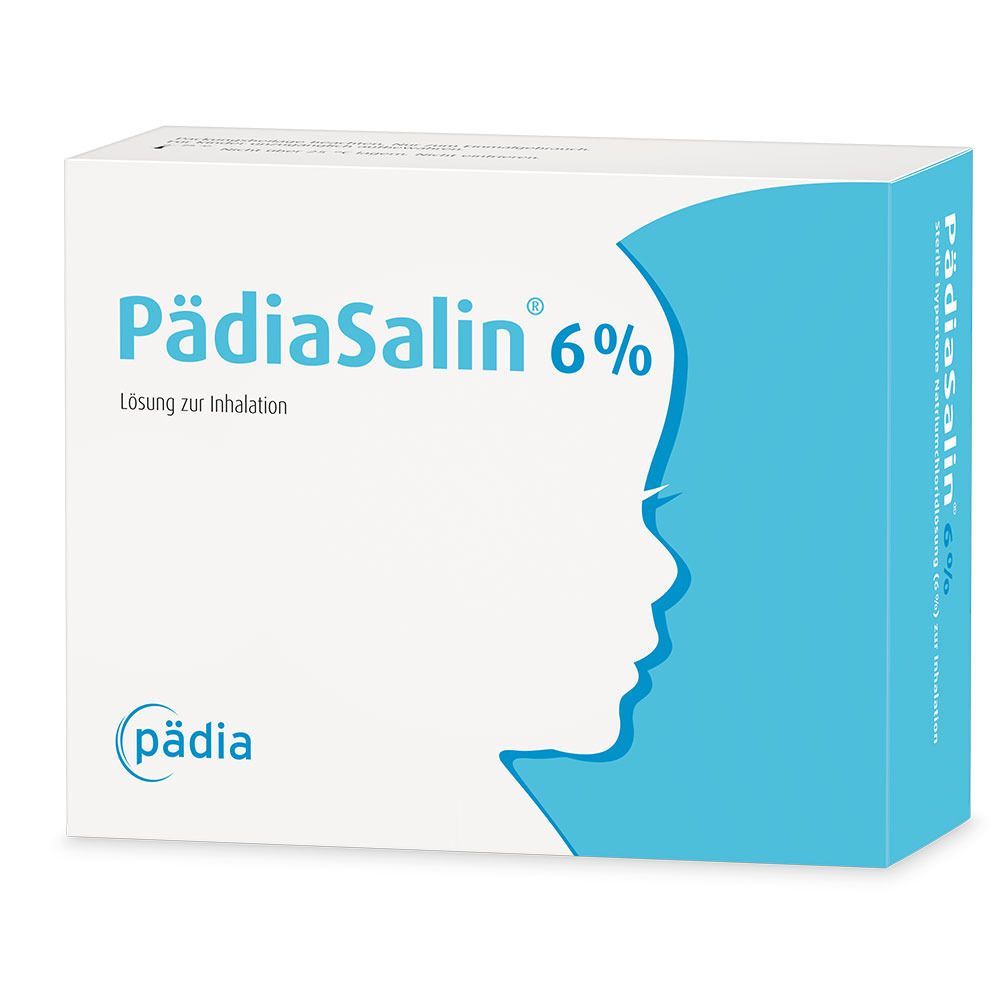 Weiße Schachtel mit "PädiaSalin 6%"-Schriftzug und blauem Design. Aufdruck: "Lösung zur Inhalation". Logo: "pädia".