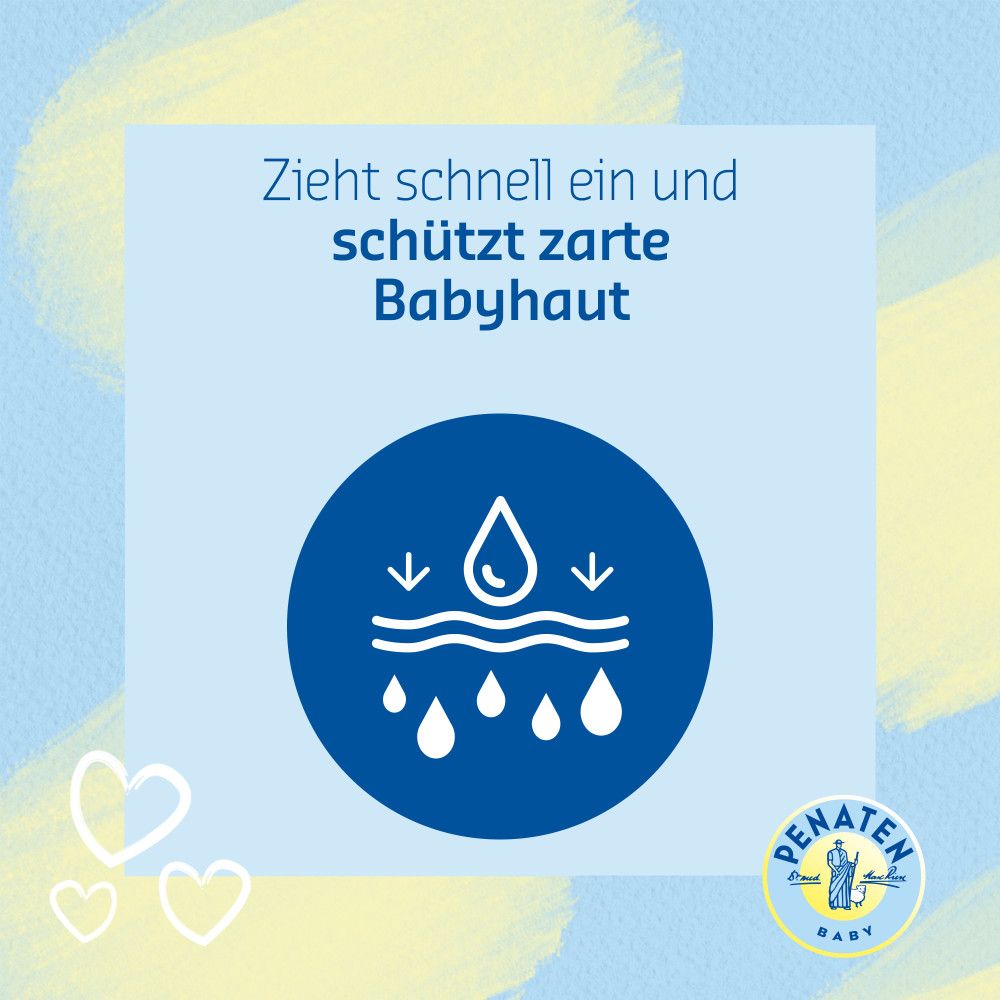 Blauer Kreis mit Wassertropfen. Text: Zieht schnell ein und schützt zarte Babyhaut. Logo: PENATEN BABY.