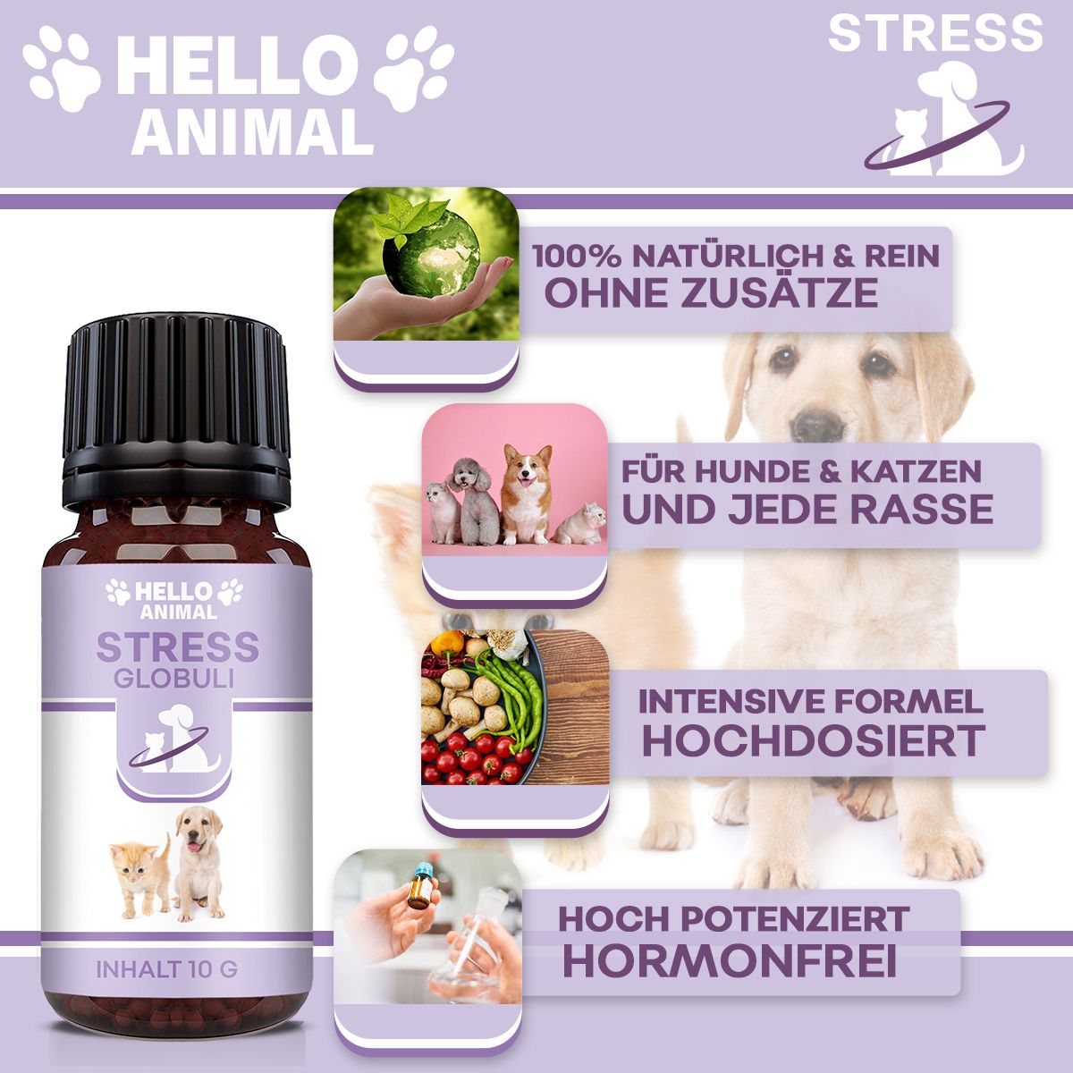 Braune Glasflasche mit schwarzem Deckel. Etikett mit Produktname, Logo und Abbildung von Hund und Katze. Zusätzliche Grafiken.