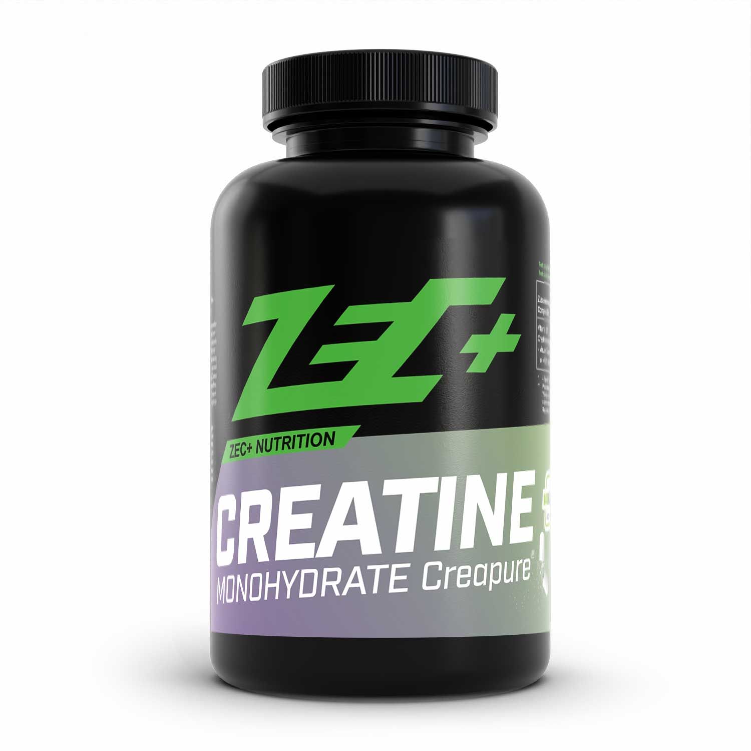 Schwarze Flasche mit grünem Etikett. ZEC+ Logo und Schriftzug CREATINE MONOHYDRATE Creapure. Kapseln.