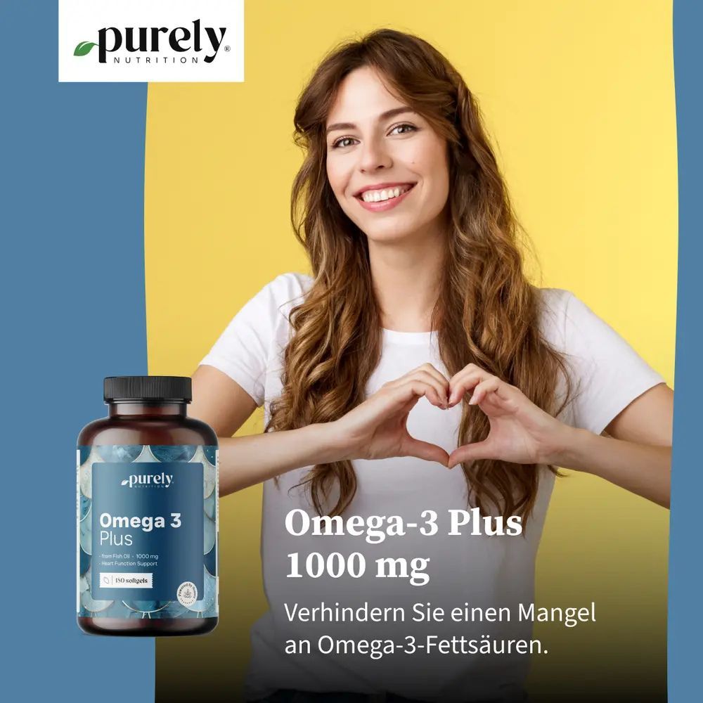 Frau formt Herz mit Händen. Neben ihr: Flasche mit blauem Etikett. Aufschrift: Omega-3 Plus 1000 mg.