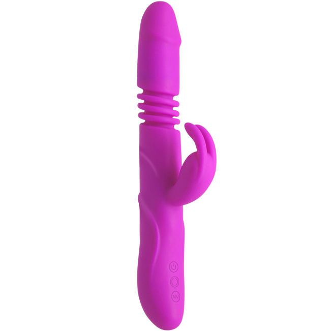 Lila Vibrator mit geriffelter Oberfläche und Hasenohren-Design. Vertikale Ansicht.