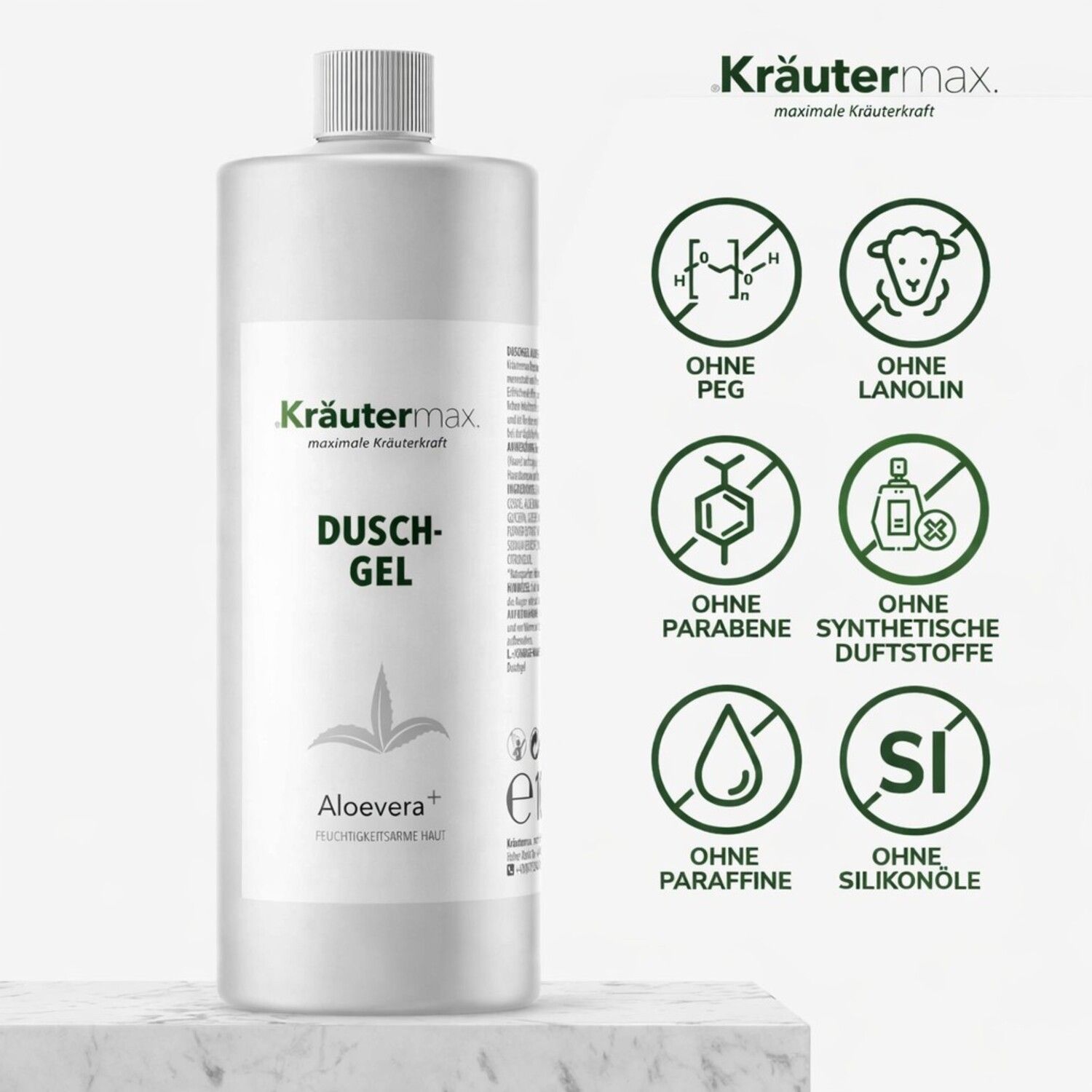 Duschgel-Flasche mit Kräutermax-Logo und Produktinformationen. Enthält Aloe Vera. Kennzeichnungen: Ohne PEG, Lanolin, Parabene, Duftstoffe, Paraffine, Silikonöle.