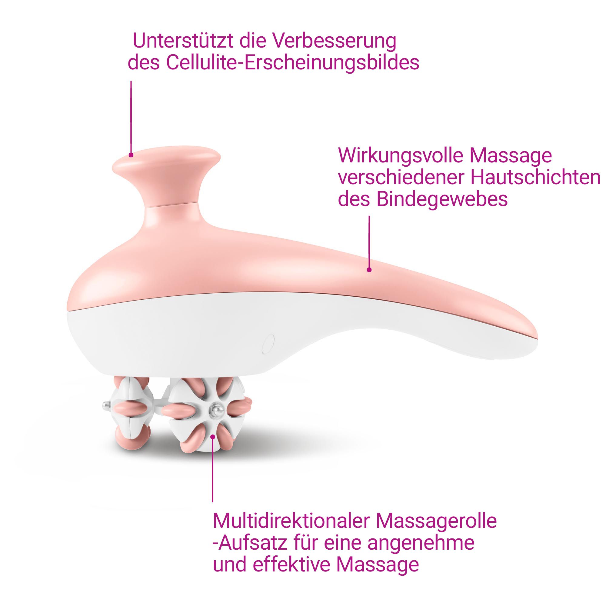 Rosa und weißes Massagegerät mit Rollenaufsatz und Beschriftungen.