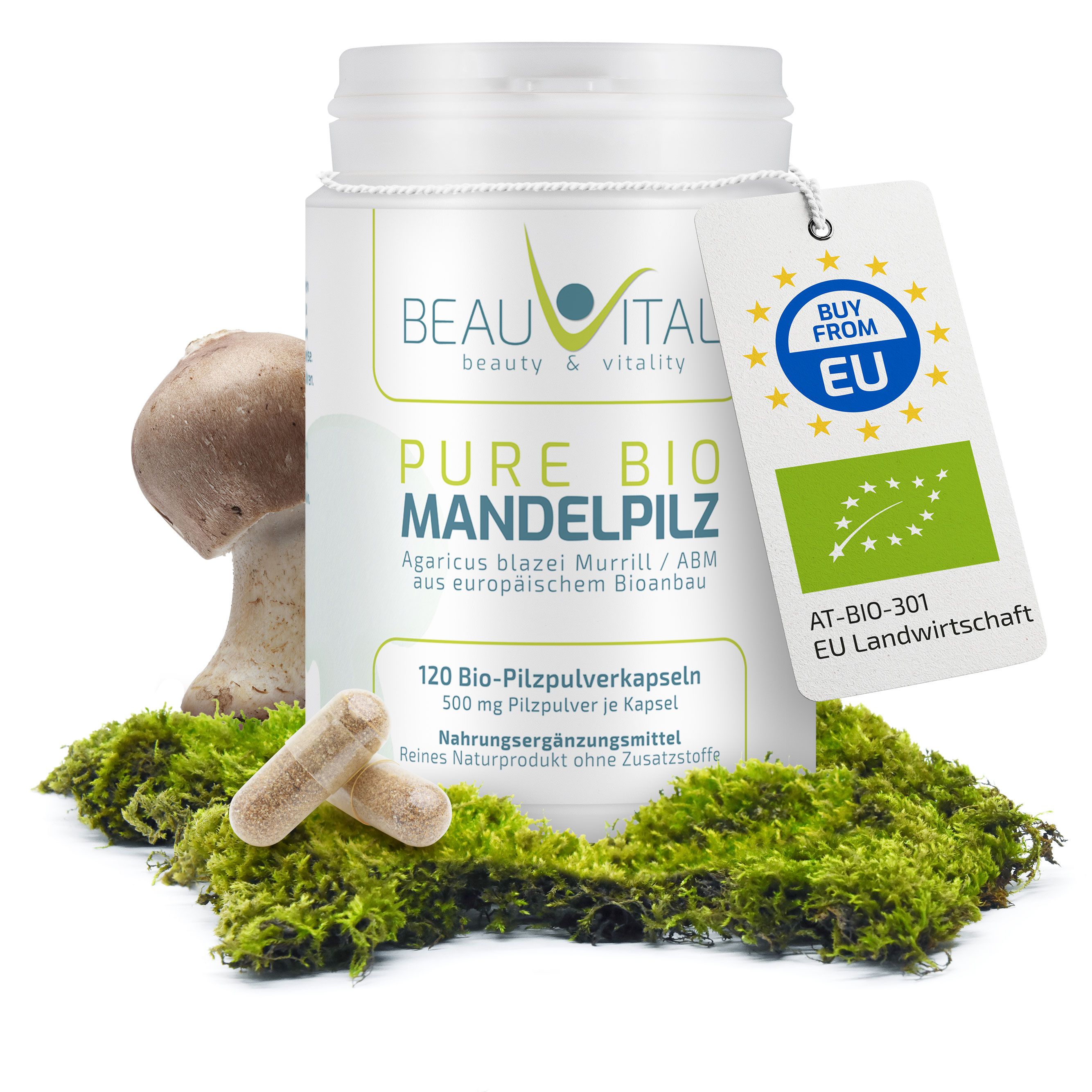 BEAUVITAL Pure Bio Mandelpilz Kapseln: Weißer Behälter mit Etikett, daneben Pilz und Moos.