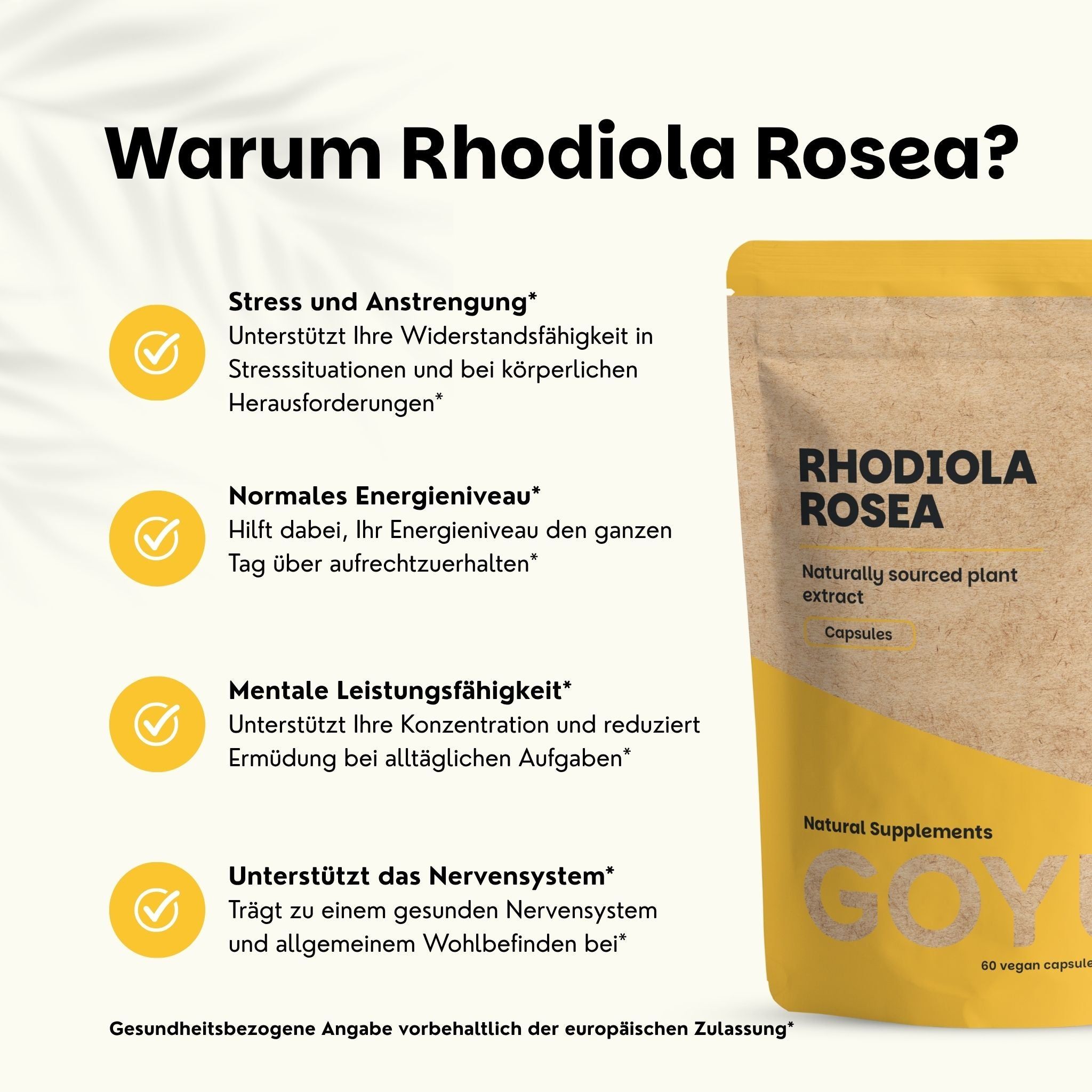 Beutel mit Kapseln. Text: Warum Rhodiola Rosea? Stress und Anstrengung, normales Energieniveau, mentale Leistungsfähigkeit.