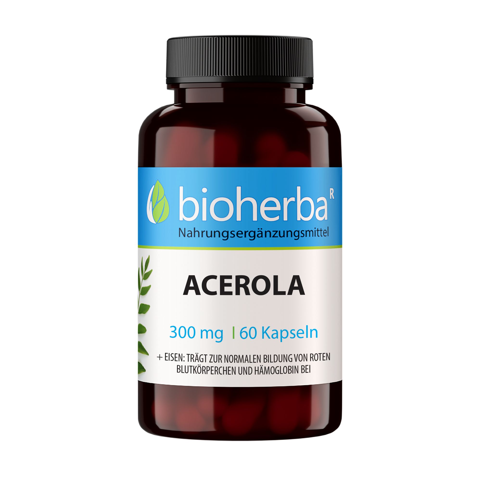 Braune Flasche mit schwarzen Deckel. Etikett mit "bioherba" Logo, "Acerola" Schriftzug und Inhaltsangaben. 60 Kapseln.