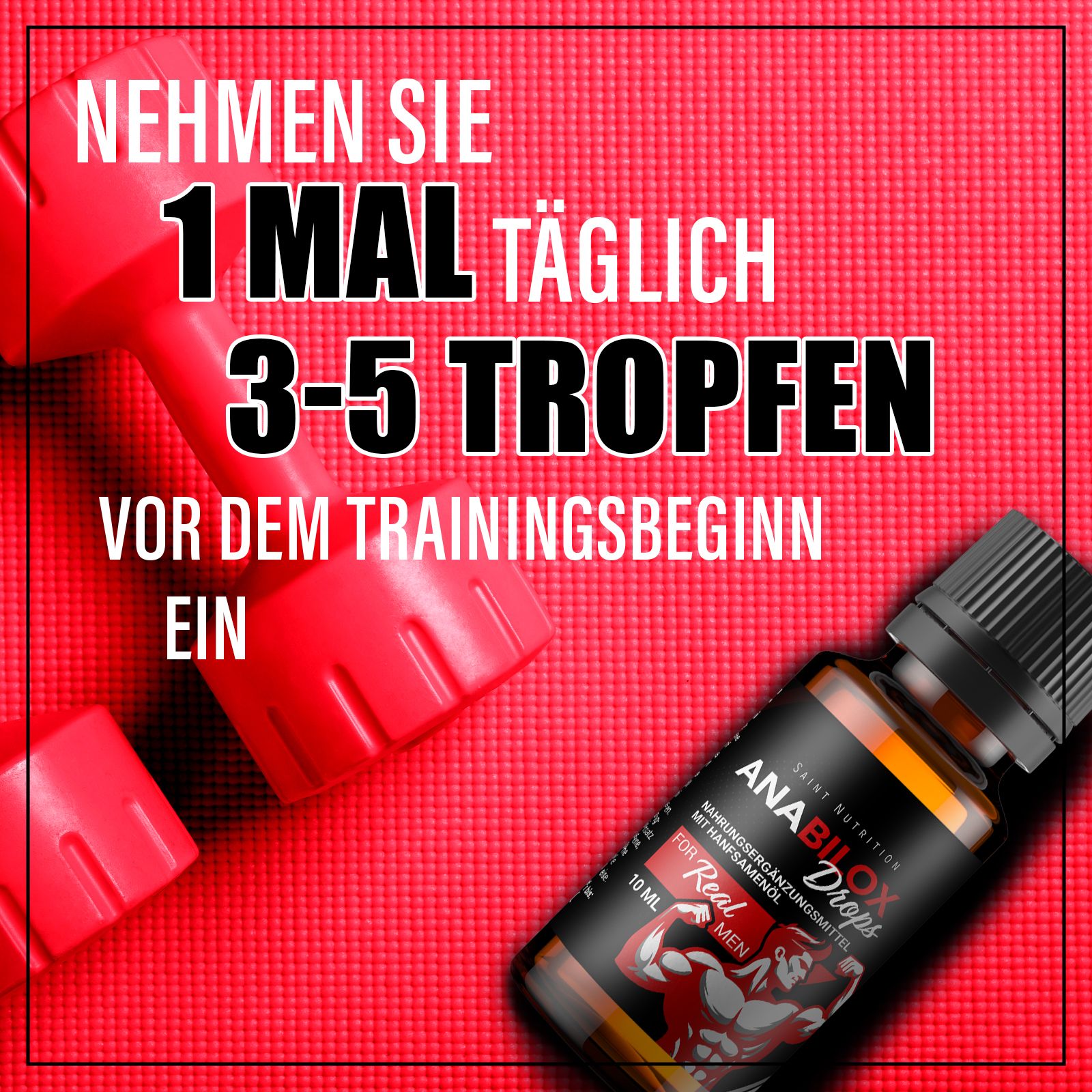 Produktflasche vor rotem Hintergrund mit Hanteln. Text: Nehmen Sie 1 mal täglich 3-5 Tropfen vor dem Trainingsbeginn ein.