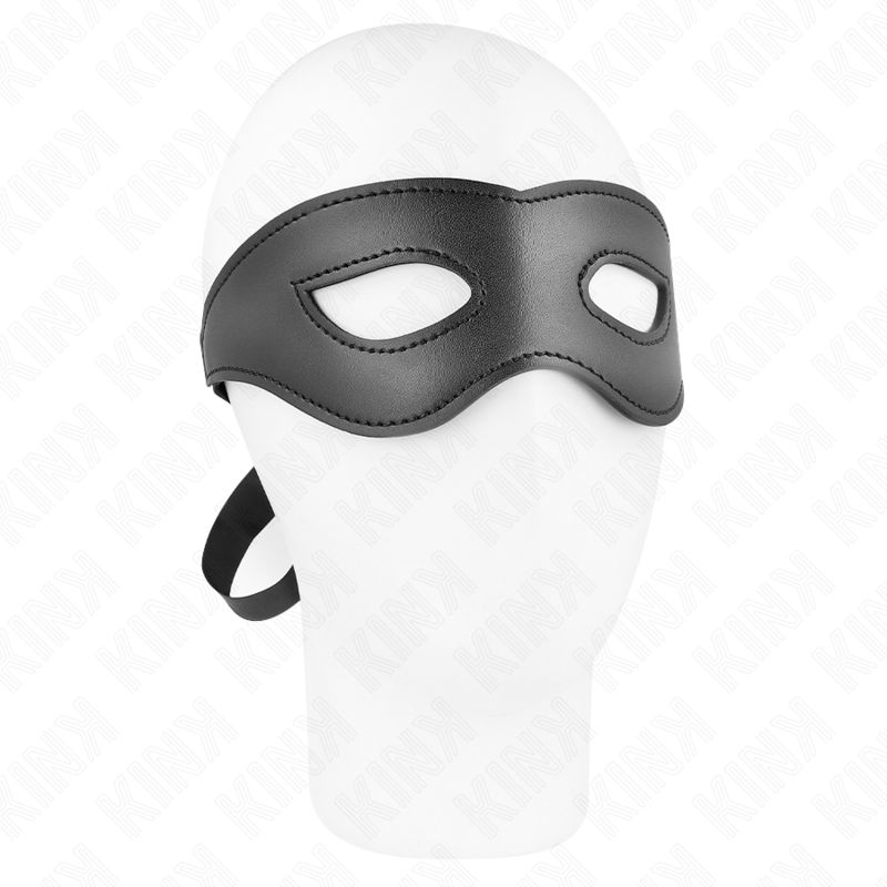Schwarze Kunstledermaske mit ovalen Augenöffnungen, auf einem weißen Schaufensterpuppenkopf platziert, mit einem Band.
