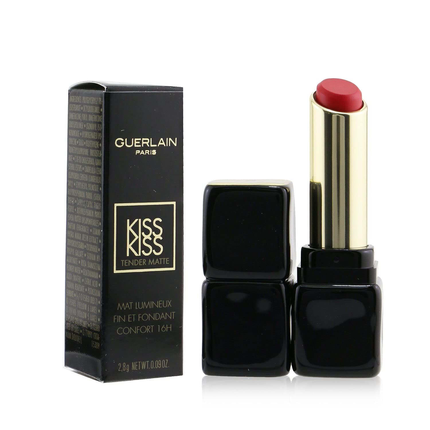 Roter Lippenstift, goldene Hülse, schwarze Kappe, neben schwarzer Schachtel mit Text.