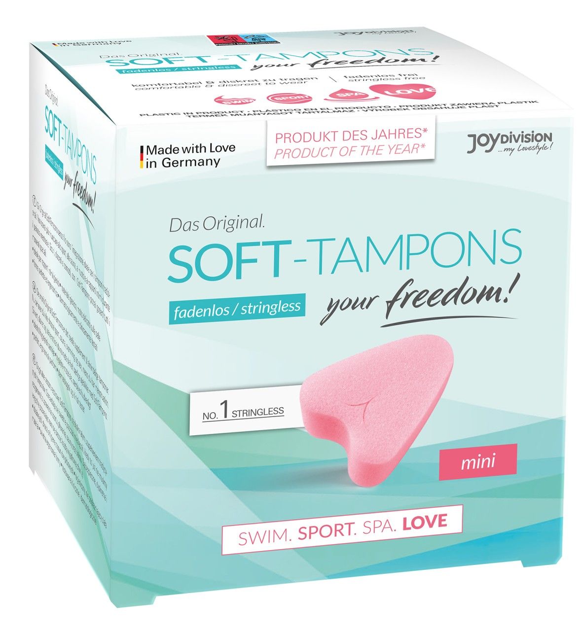 Verpackung Soft-Tampons mini mit Produktabbildung und Text.
