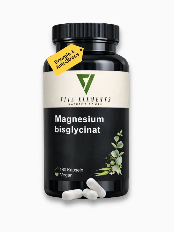 Schwarze Flasche 'Magnesium bisglycinat' mit 180 Kapseln. Vegan. Gelbes Etikett: Energie & Anti-Stress. 3 Kapseln liegen daneben.