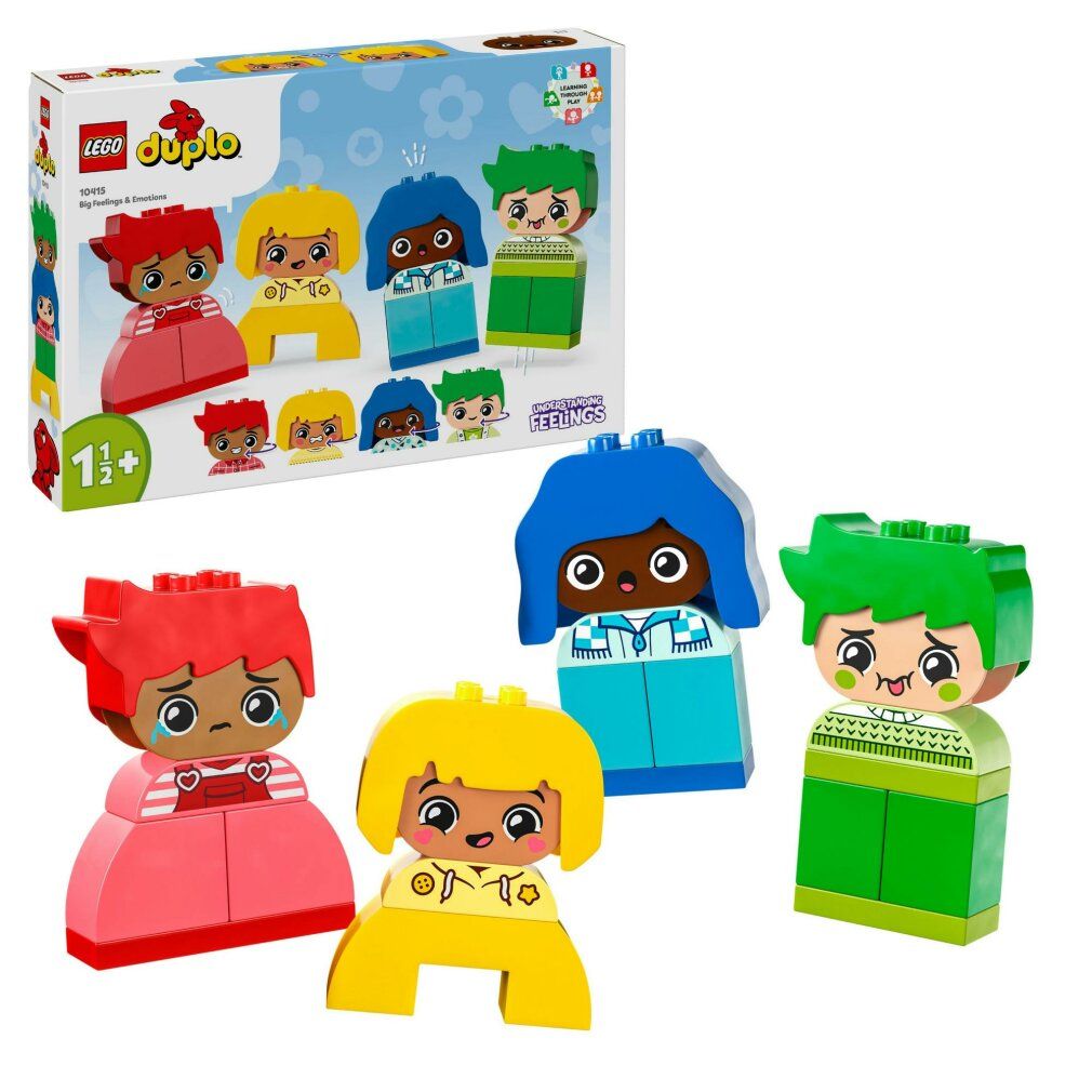 LEGO DUPLO-Set. Figuren in Rot, Gelb, Blau und Grün. Figuren mit Gesichtsausdrücken. Verpackung mit Produktnamen und Altersempfehlung.