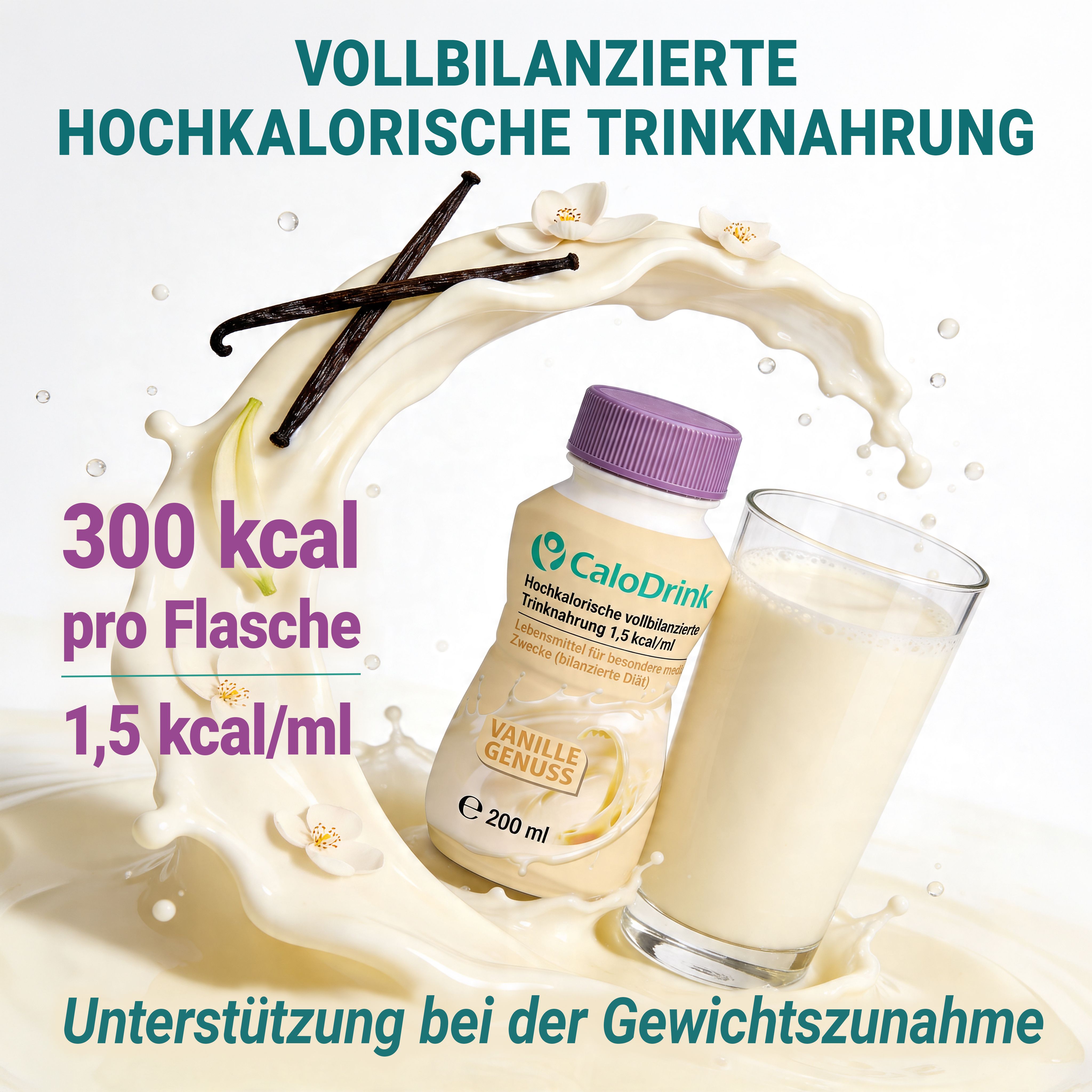 Flasche und Glas mit cremiger Flüssigkeit. Vanilleschoten und Blüten. Text: 300 kcal pro Flasche, 1,5 kcal/ml. Unterstützung bei Gewichtszunahme.