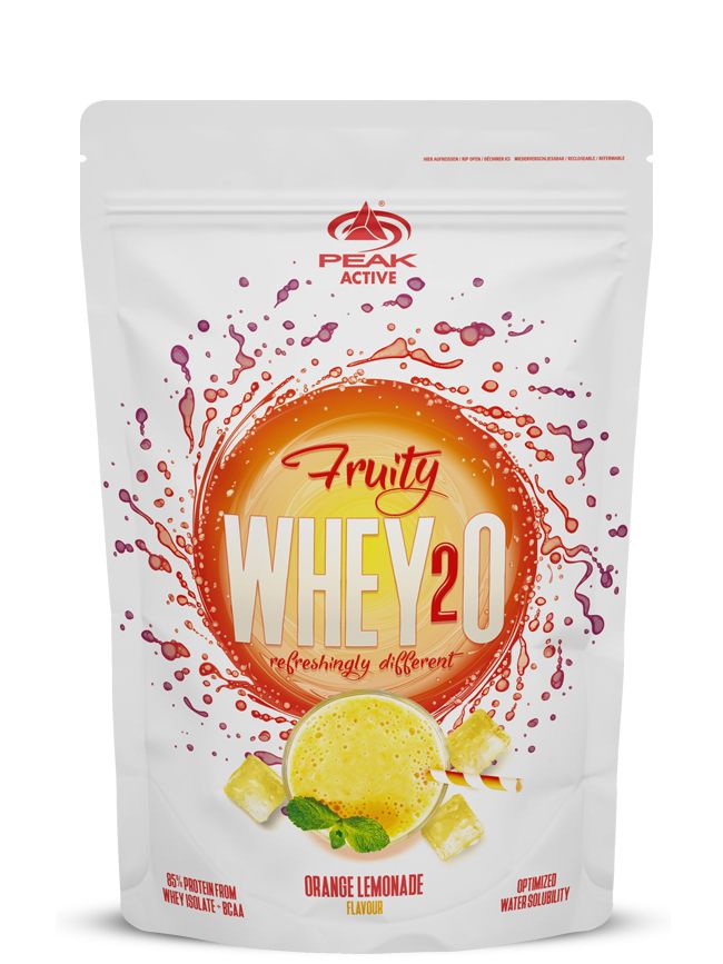 Beutel mit PEAK Fruity wHey2O. Aufdruck: Fruity wHey2O, Geschmack Orange Lemonade. Logo: PEAK ACTIVE. Abbildung eines Getränks mit Eiswürfeln und Minze.