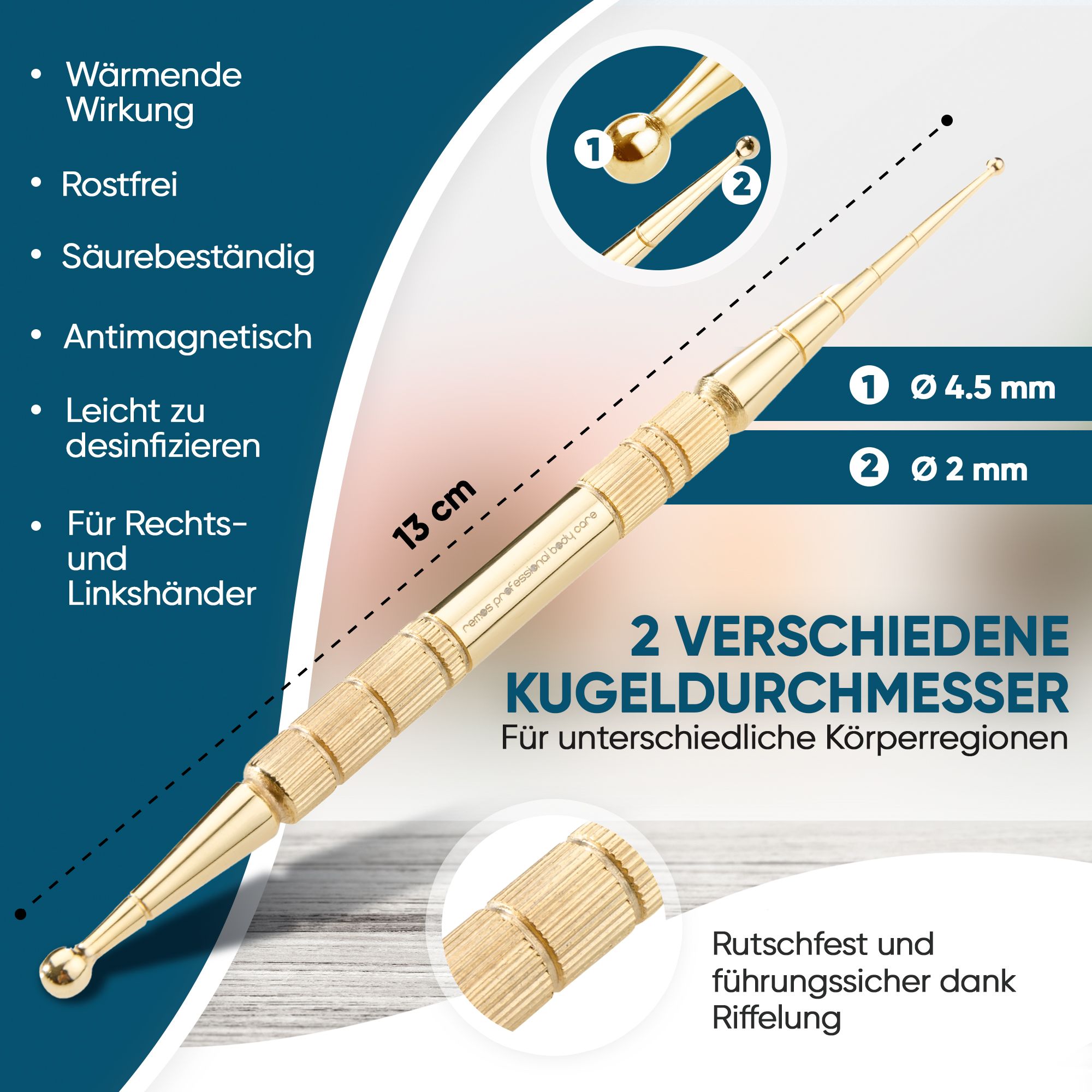 Goldfarbener Akupressurstift, 13 cm lang, mit Kugeldurchmessern von 4.5mm und 2mm.