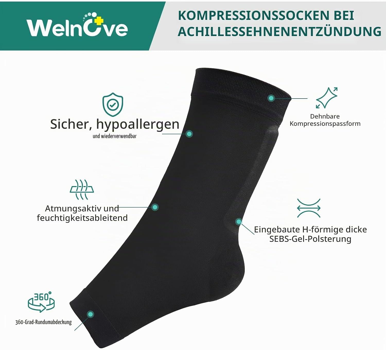 Schwarze Kompressionssocke mit SEBS-Gel-Polsterung, atmungsaktiv.