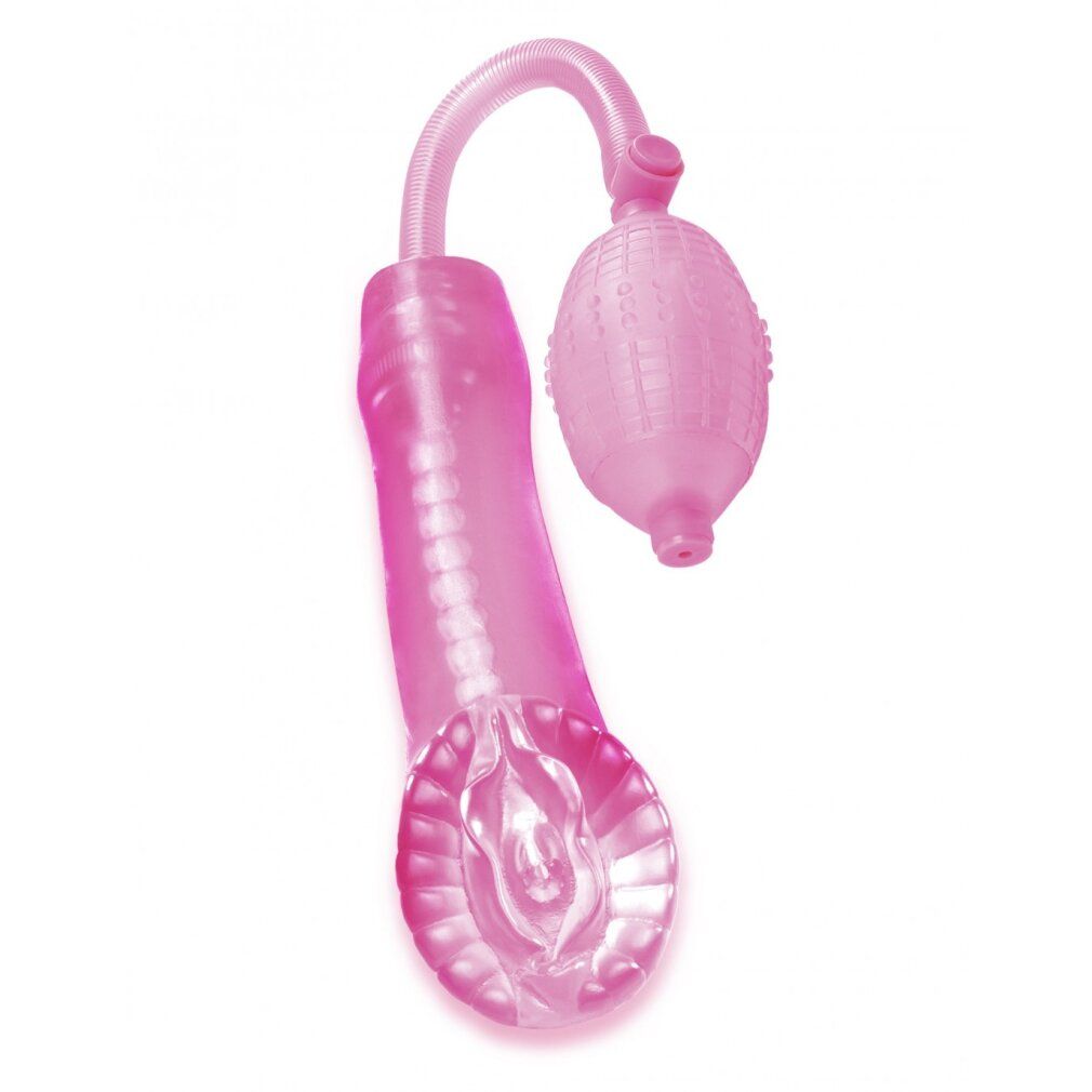 Rosa Penispumpe mit Vagina-Optik, Pumpe und Schlauch. Produktansicht von oben.