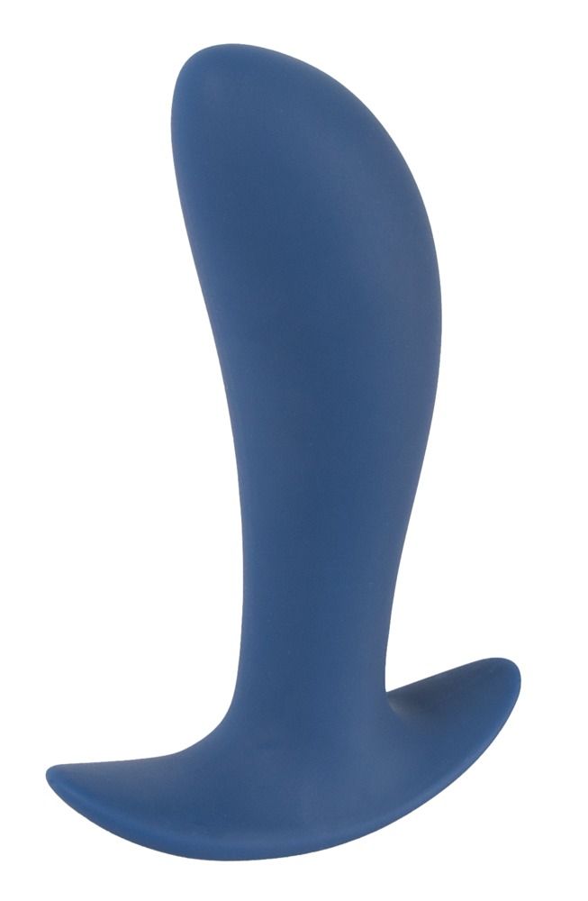 Blauer, gebogener Analplug. Basis flach, Spitze abgerundet.