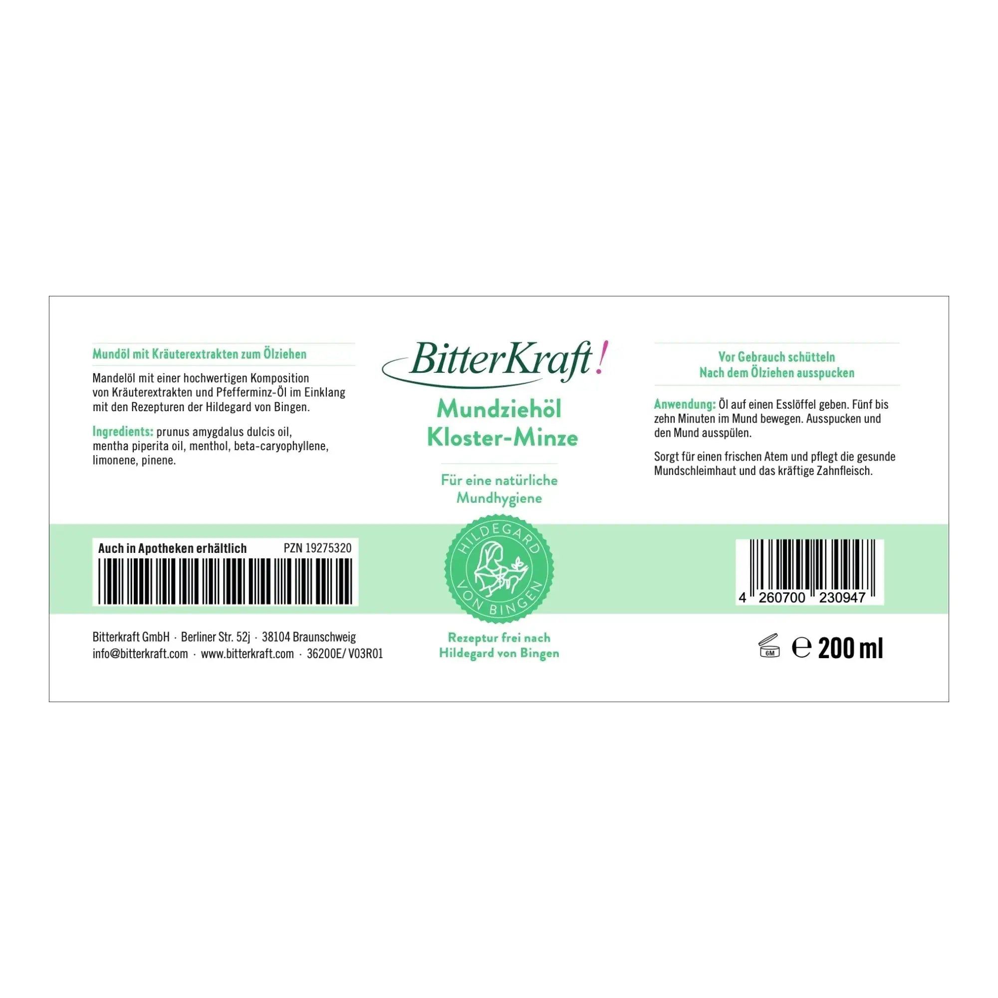 Etikett mit Produktinformationen. Enthält Produktname, Inhaltsstoffe, Anwendungshinweise und Herstellerinformationen.