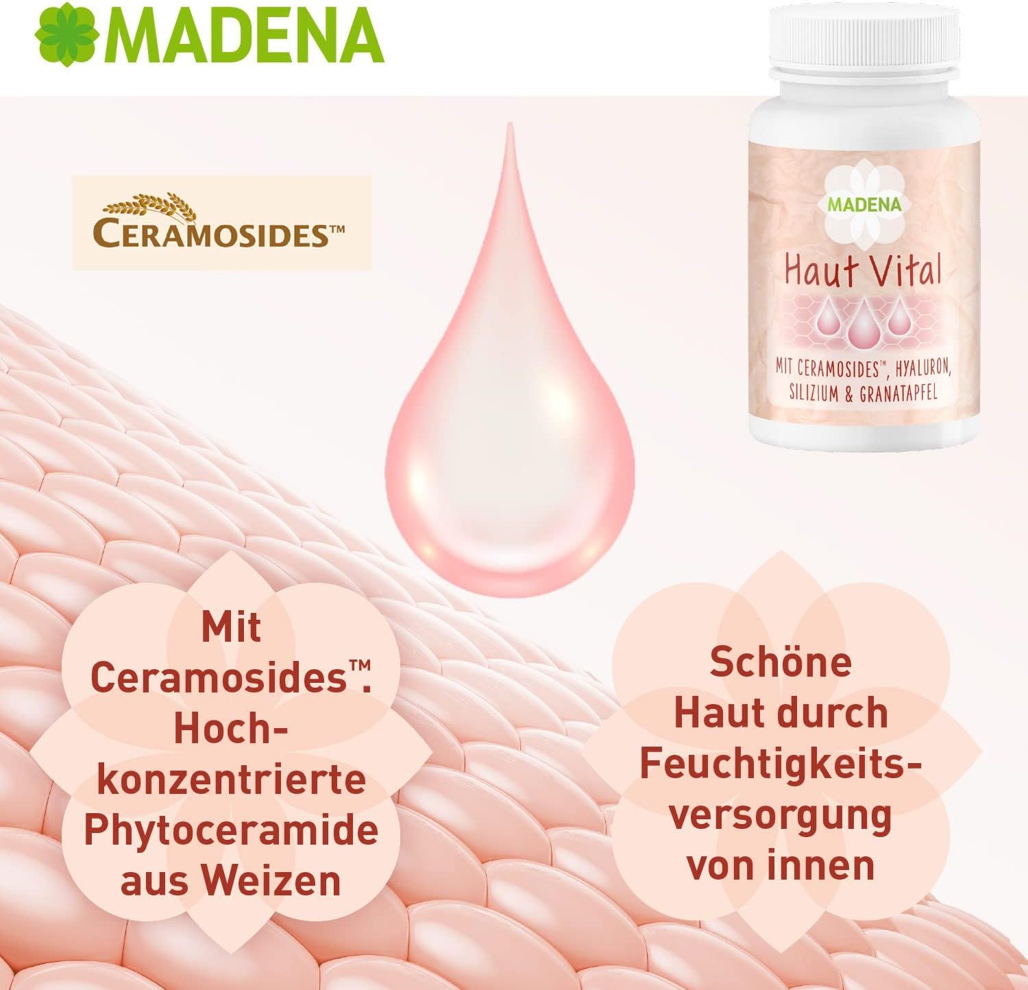 Tropfen vor Haut. Rechts: MADENA Haut Vital Kapseln. Text: Schöne Haut durch Feuchtigkeitsversorgung von innen.