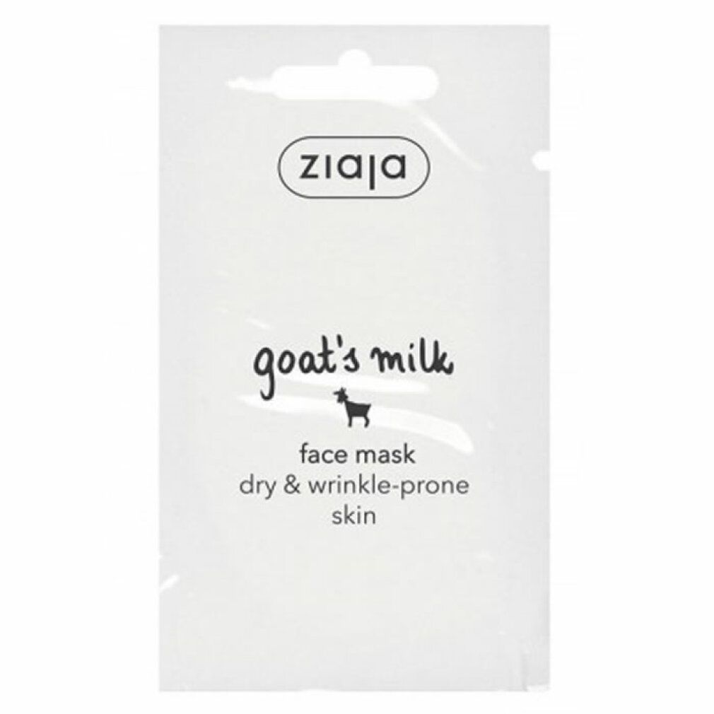 Ziaja-Gesichtsmaske in weißer Einzelverpackung. Aufschrift: goat's milk, face mask, dry & wrinkle-prone skin. Marke Ziaja.