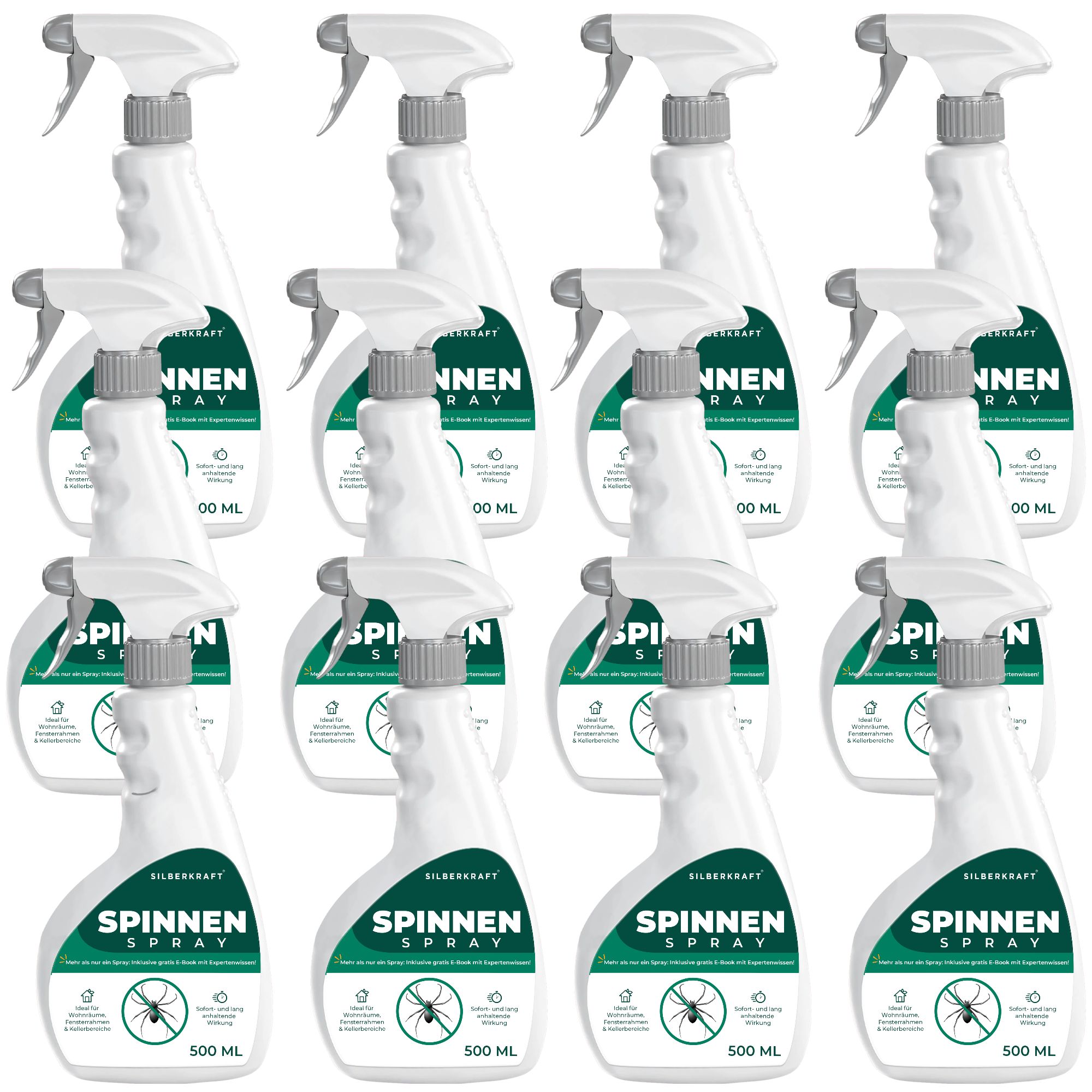 Mehrere Flaschen SILBERKRAFT Spinnenspray, 500 ml, mit Sprühkopf, weißes Etikett, grüner Schriftzug.