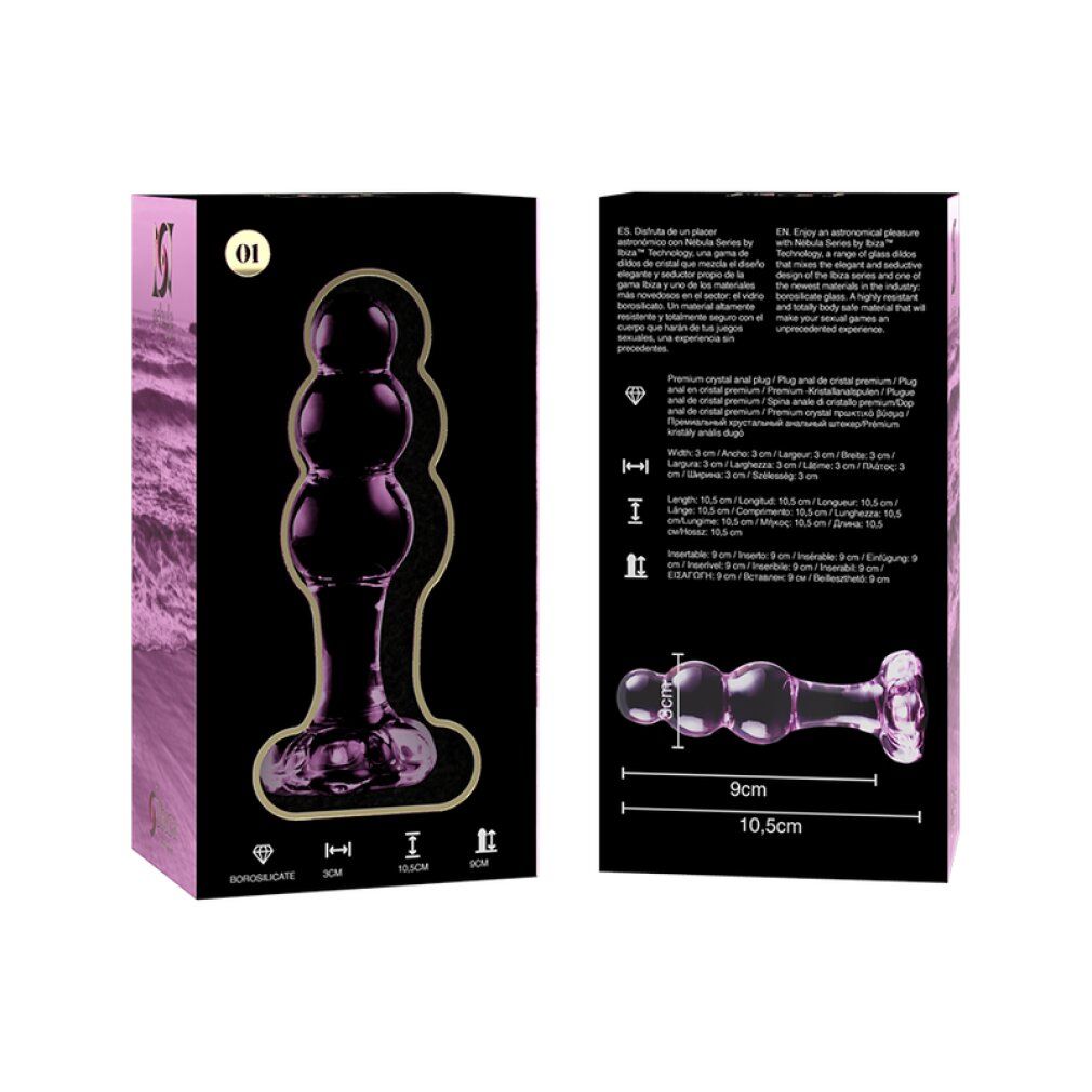 Verpackung mit Ansichten eines rosa Glas-Analplugs. Maße und Symbole sichtbar.